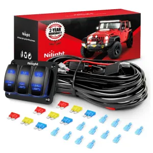 16AWG Wire Harness LED Light BAR Rear Lights and LED POD Lights 6 Leads W/ 3 Gang Rocker Switch | 9 Fuses | 12 Spade Connectors