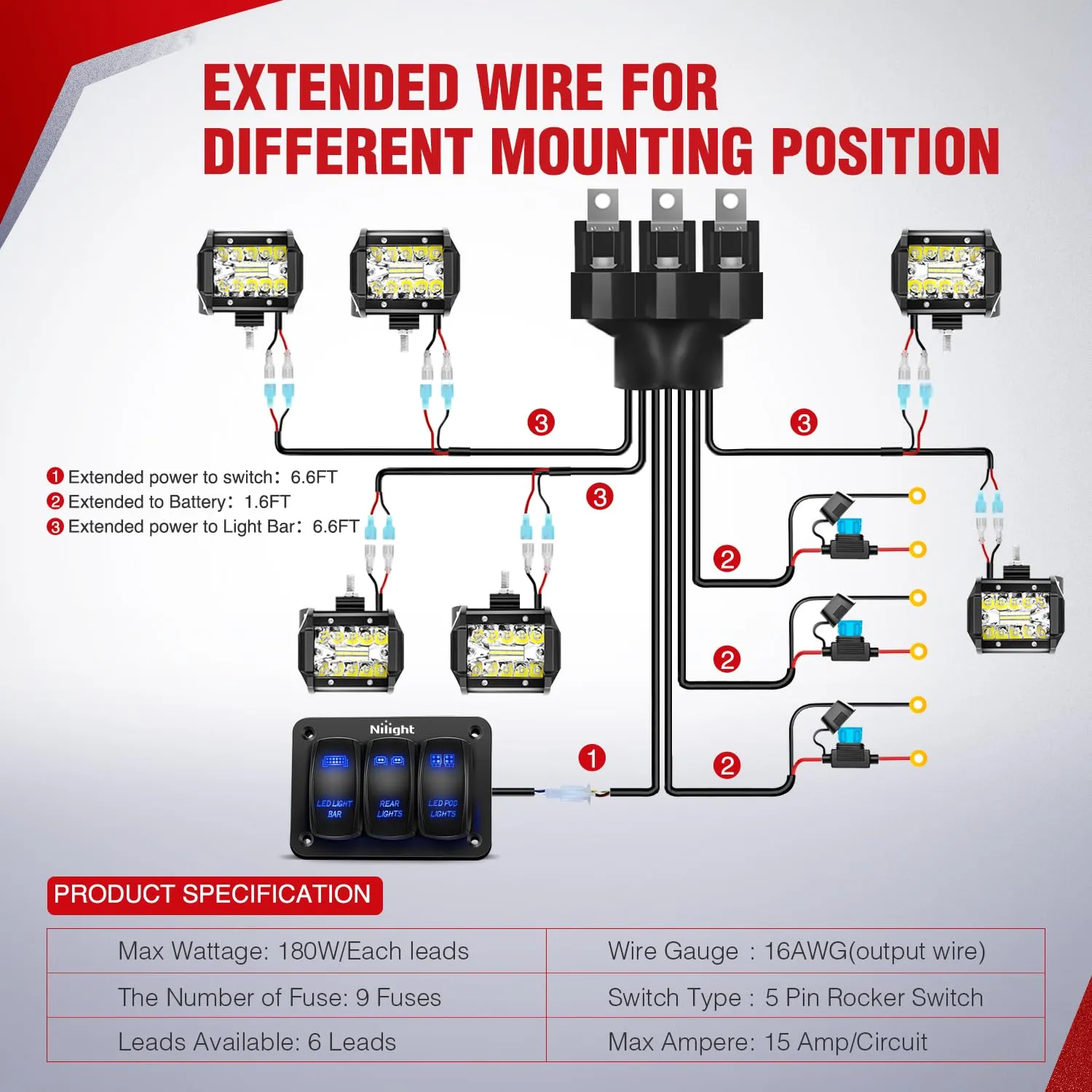 16AWG Wire Harness LED Light BAR Rear Lights and LED POD Lights 6 Leads W/ 3 Gang Rocker Switch | 9 Fuses | 12 Spade Connectors