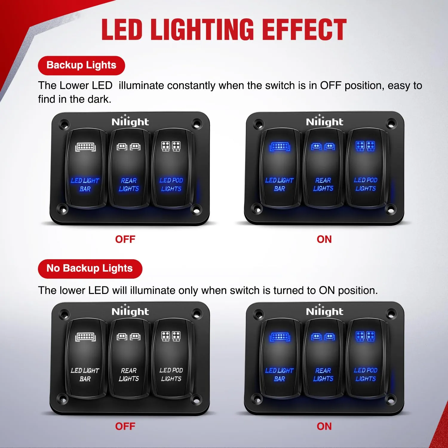 16AWG Wire Harness LED Light BAR Rear Lights and LED POD Lights 6 Leads W/ 3 Gang Rocker Switch | 9 Fuses | 12 Spade Connectors