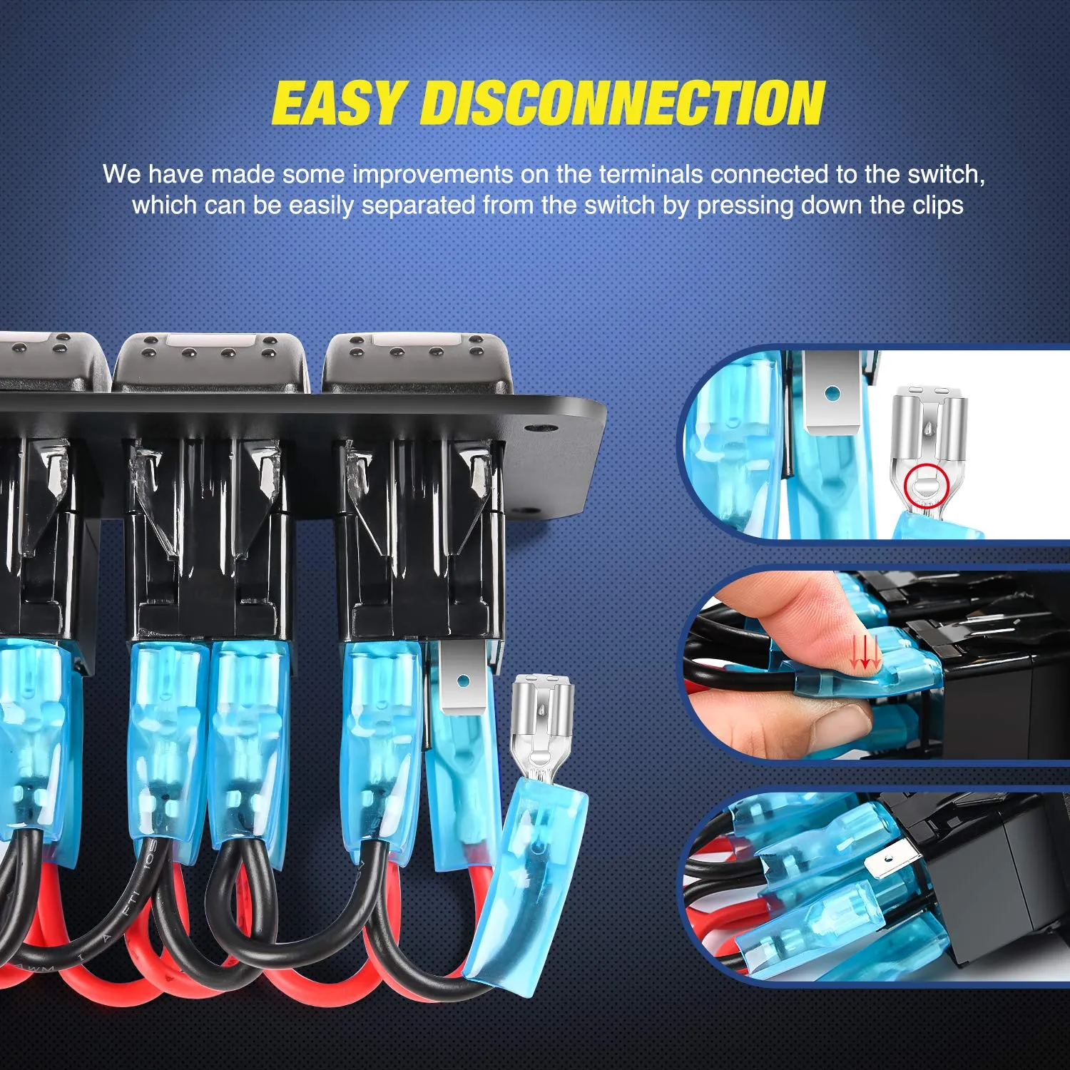 16AWG Wire Harness LED Light BAR Rear Lights and LED POD Lights 6 Leads W/ 3 Gang Rocker Switch | 9 Fuses | 12 Spade Connectors