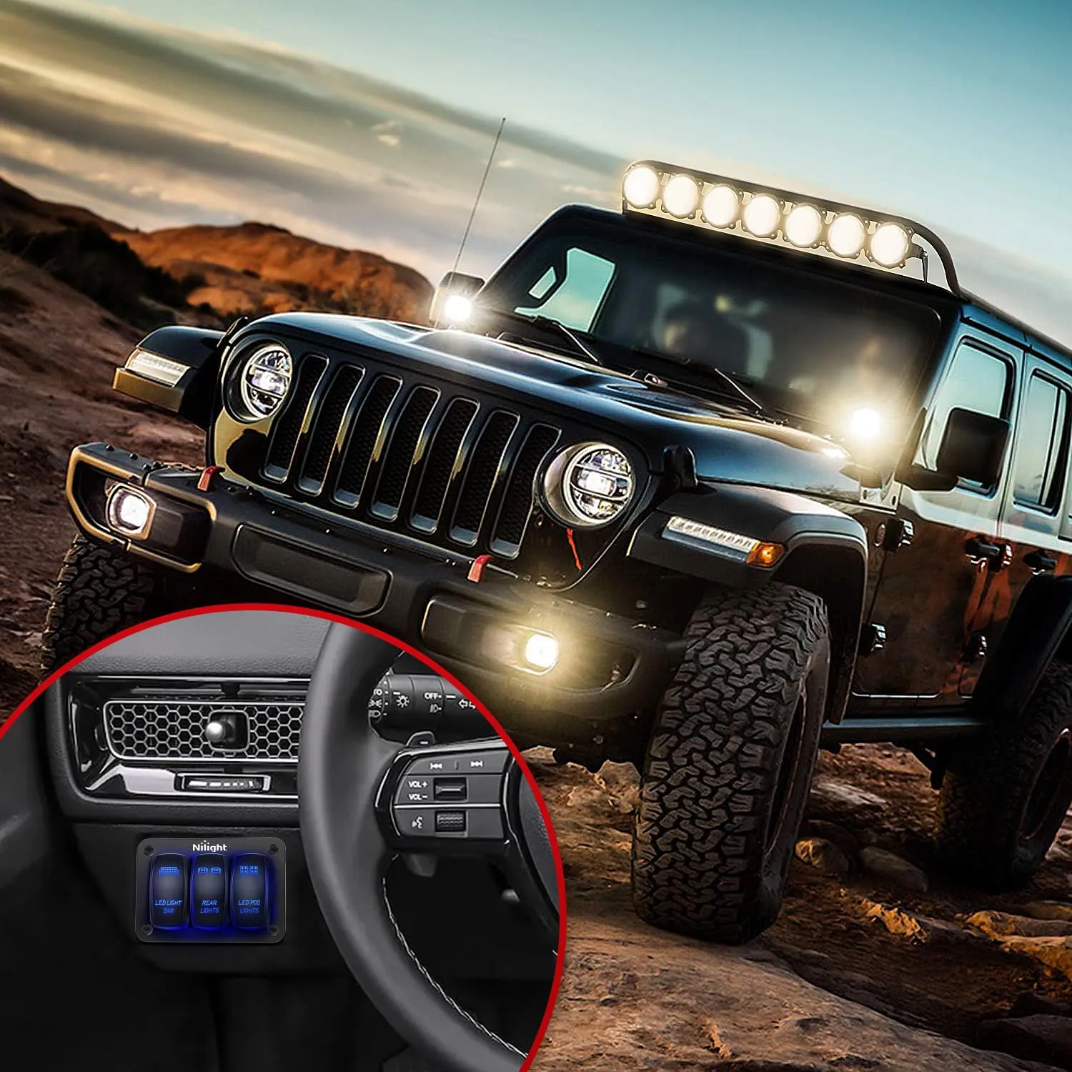 16AWG Wire Harness LED Light BAR Rear Lights and LED POD Lights 6 Leads W/ 3 Gang Rocker Switch | 9 Fuses | 12 Spade Connectors