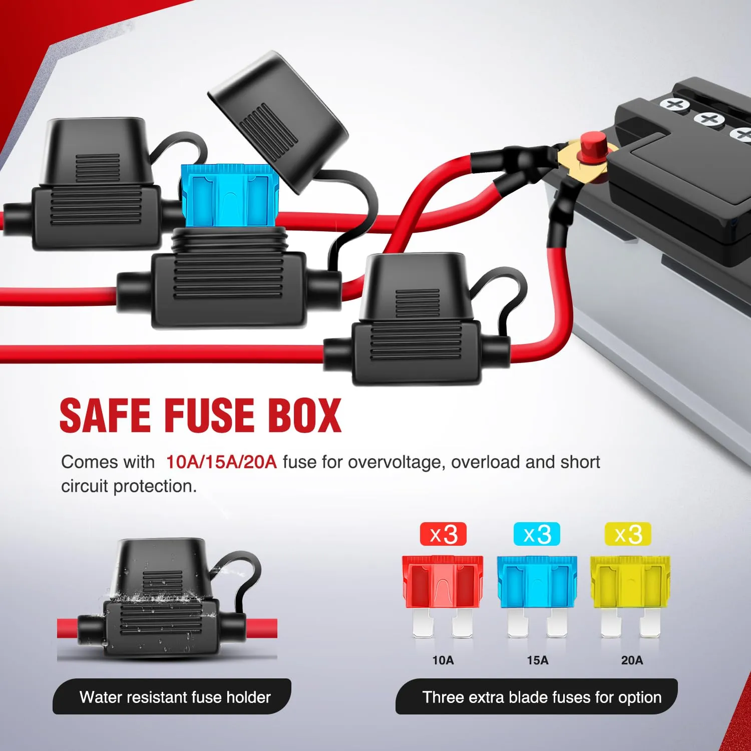 16AWG Wire Harness LED Light BAR Rear Lights and LED POD Lights 6 Leads W/ 3 Gang Rocker Switch | 9 Fuses | 12 Spade Connectors