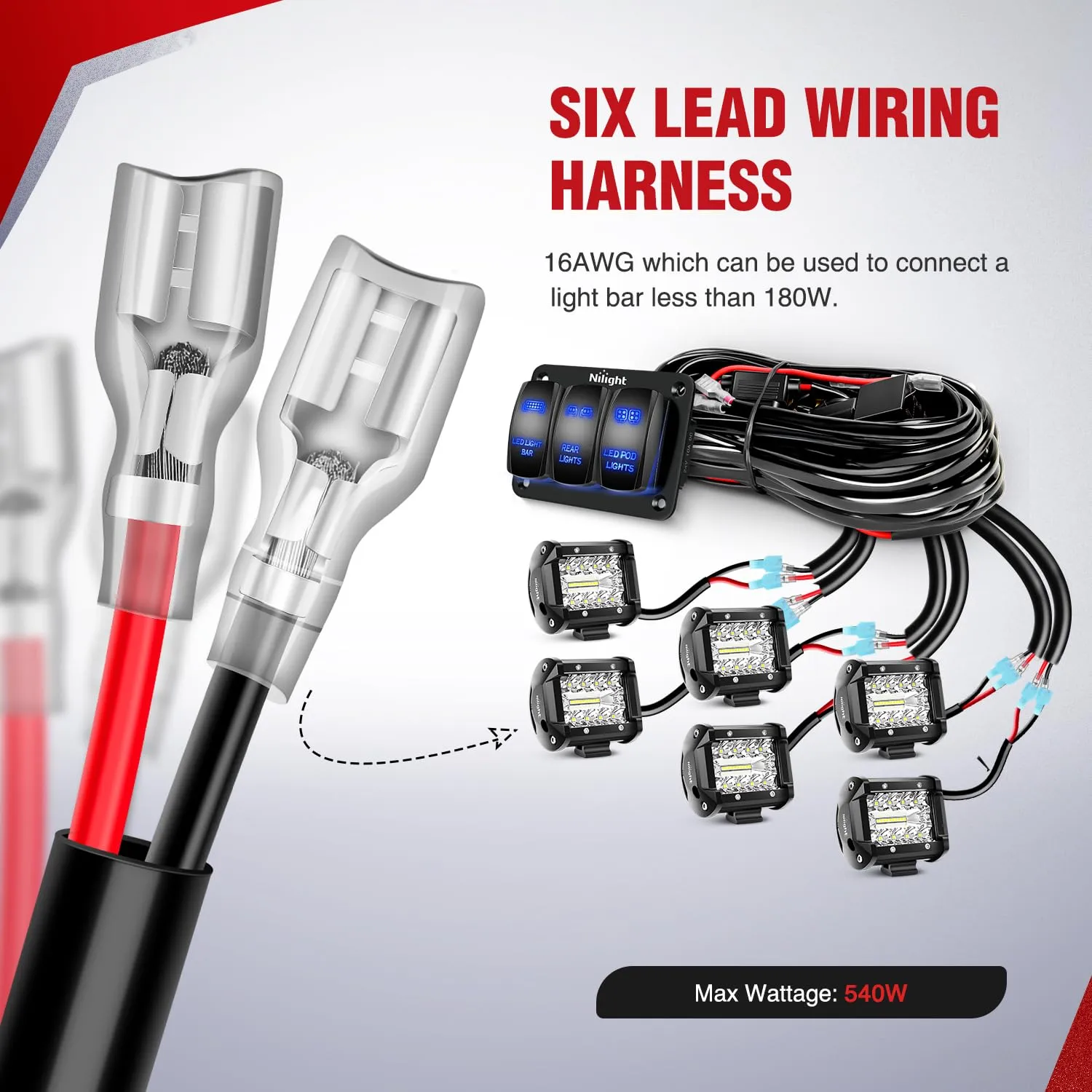 16AWG Wire Harness LED Light BAR Rear Lights and LED POD Lights 6 Leads W/ 3 Gang Rocker Switch | 9 Fuses | 12 Spade Connectors