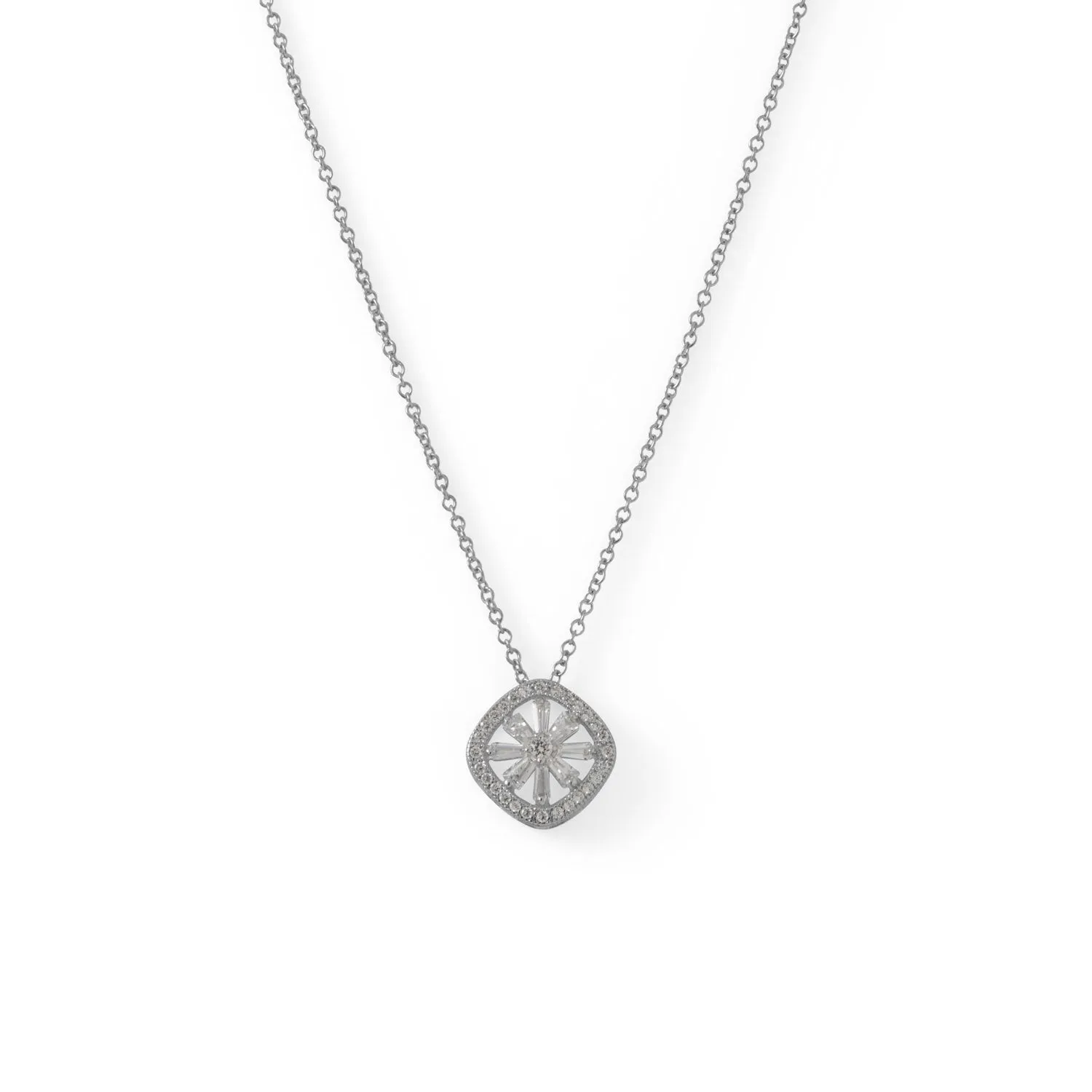 16" 1" 1" Rhodium Plated Baguette CZ Cushion Shaped Necklace