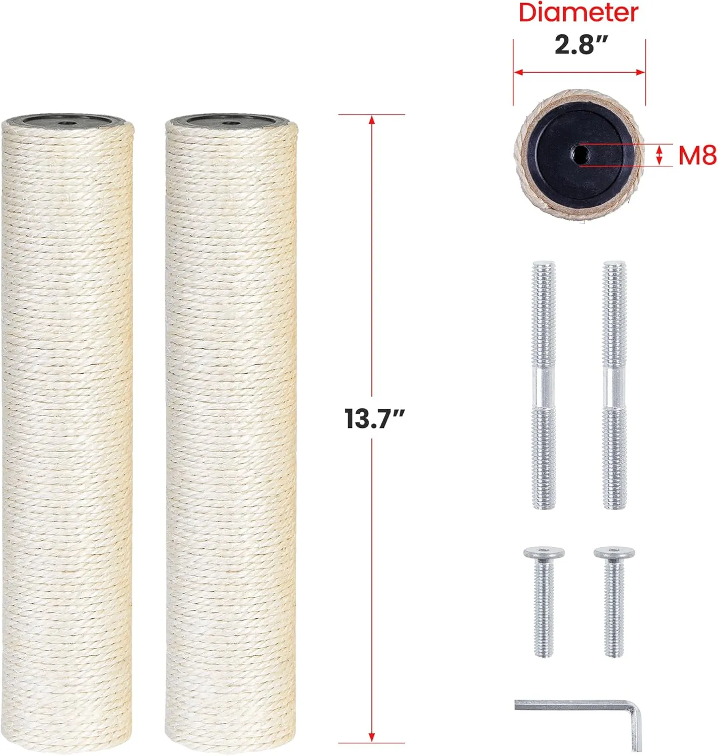 2 Pcs Cat Scratching Post Replacement, 13.7 x 2.8 Inch Sisal Fully Wrapped Post Cat Tree Replacement with M8 Screws