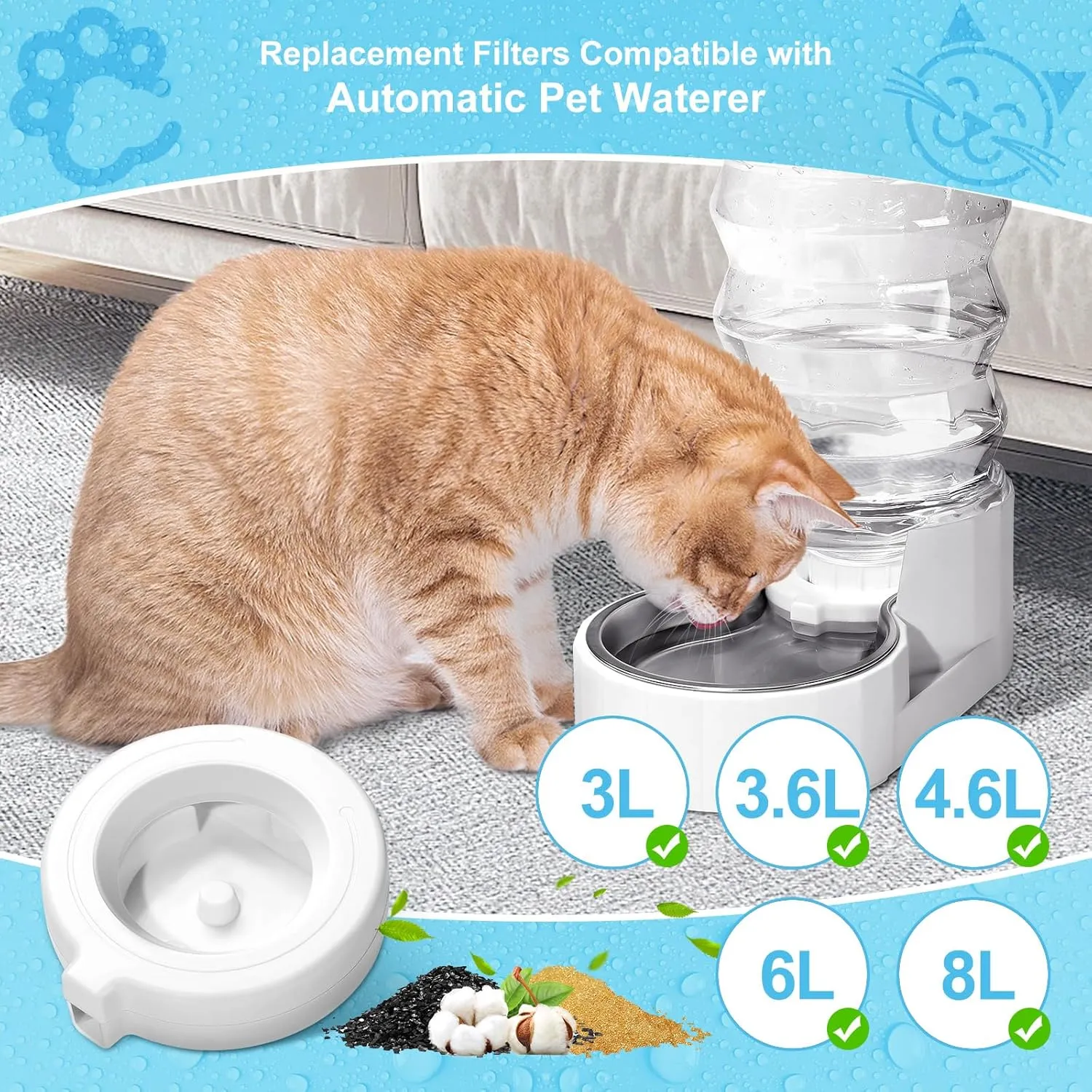 4 Pack Replacement Filters for 3.6L/4.6L/6L/8L Gravity Pet Water Dispenser, YOIHABV Dog Water Filter Replacement, Triple Filtration Pet Fountain Filter, Water Feeder Filter for Cat and Dog(1 Brush)