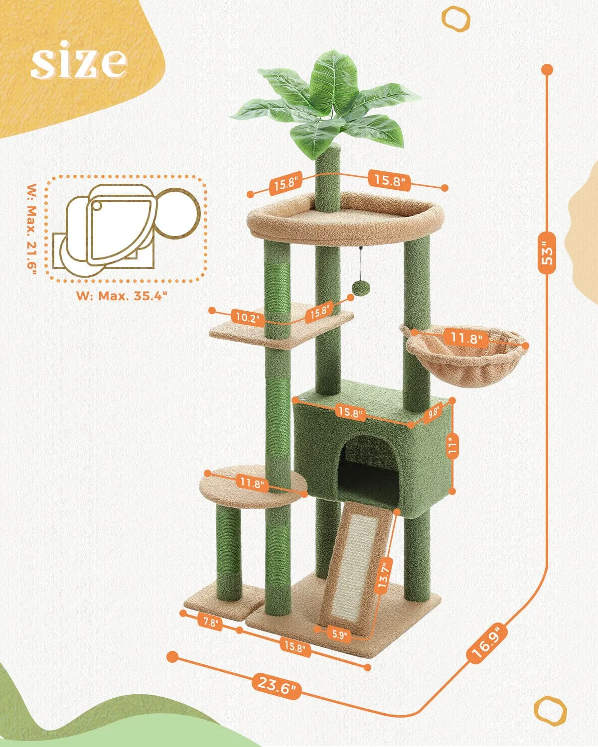53" Multilevel Palm Leaf Cat Tree Condo