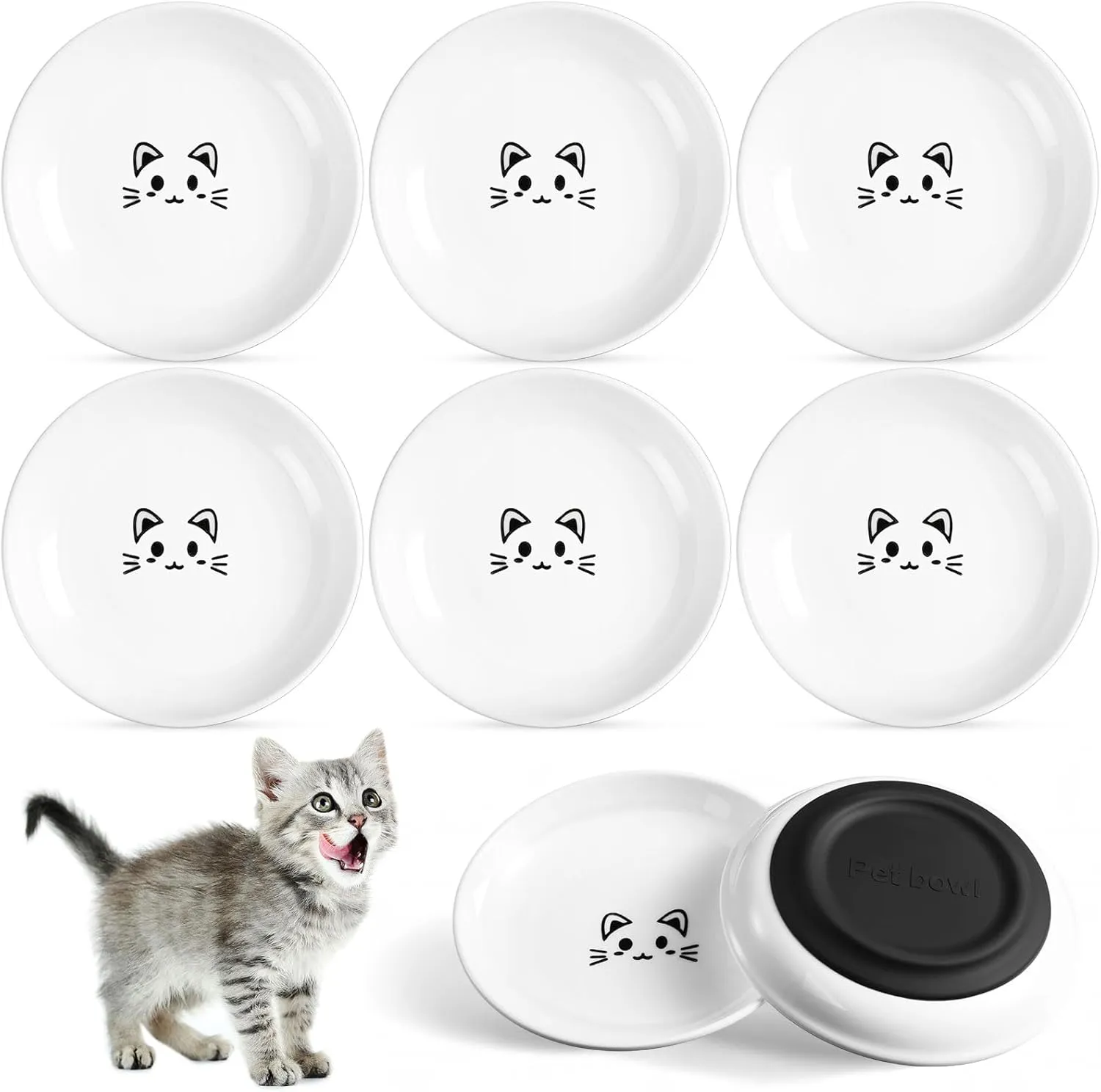 6 Pcs Cat Food Bowl Ceramic Cat Plates Anti Whisker Fatigue Food Dish with Nonslip Silicone Bottom Shallow Wide Kitten Plates for Water Indoor Small Dog Animals Pet Feeding