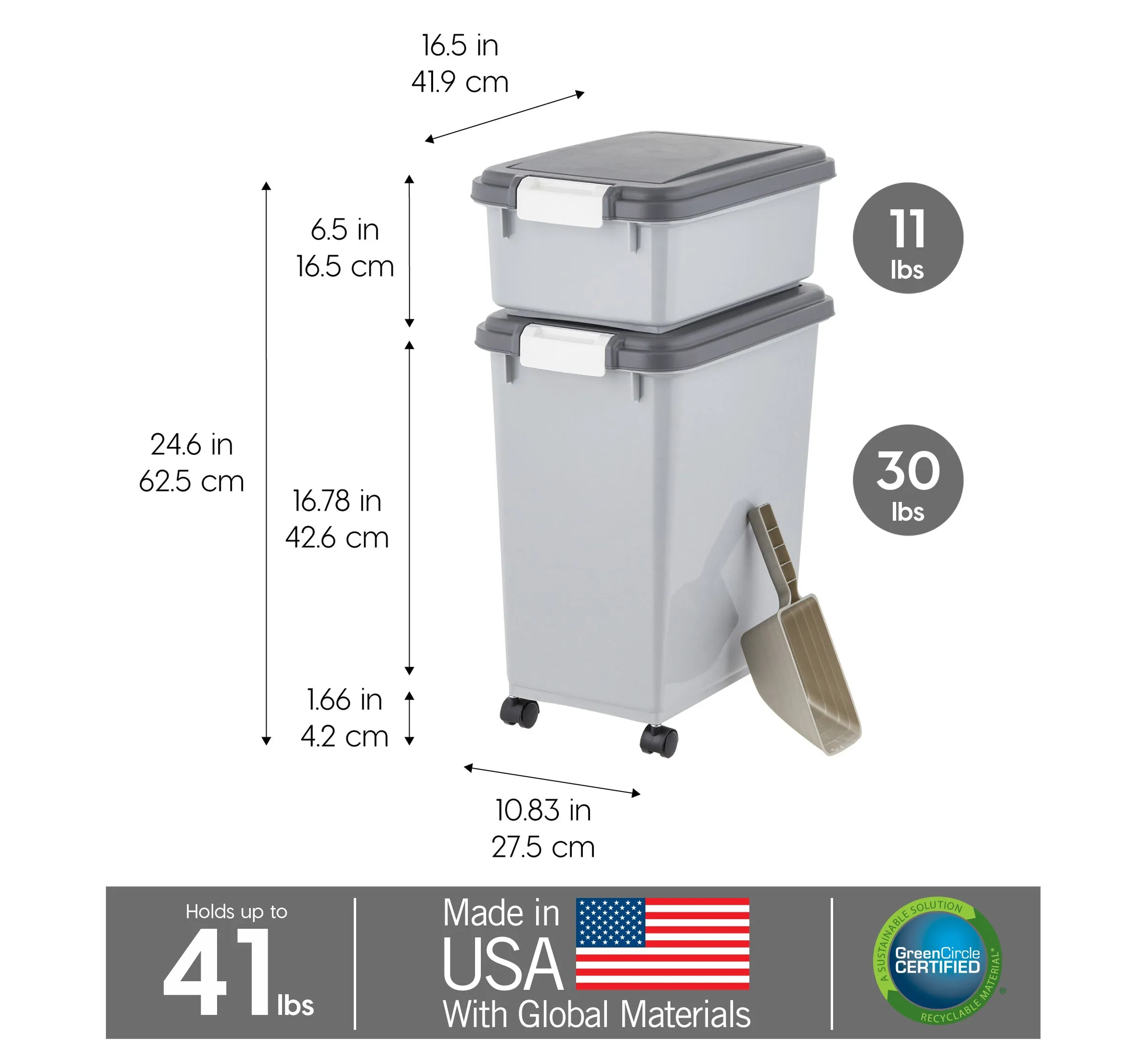 Airtight Dog Food Storage Container with Wheels, Up to 30 lbs & 11 lbs, 2-Cup Scoop, Cat Dog Treat Wet Food Cans Toys Storage Container, Stackable, Portable, Gray