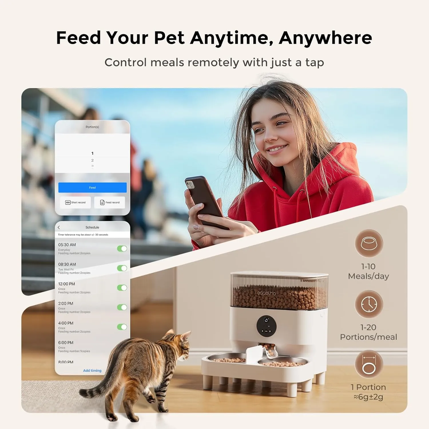 Automatic Cat Feeder for 2 Cats with Camera: Automatic Food Dispenser with Elevated- 2.4G WiFi HD Video and Night Vision| Dual Auto Feeder with 2-Way Audio| Timed Pet Feeders for Multi Cats