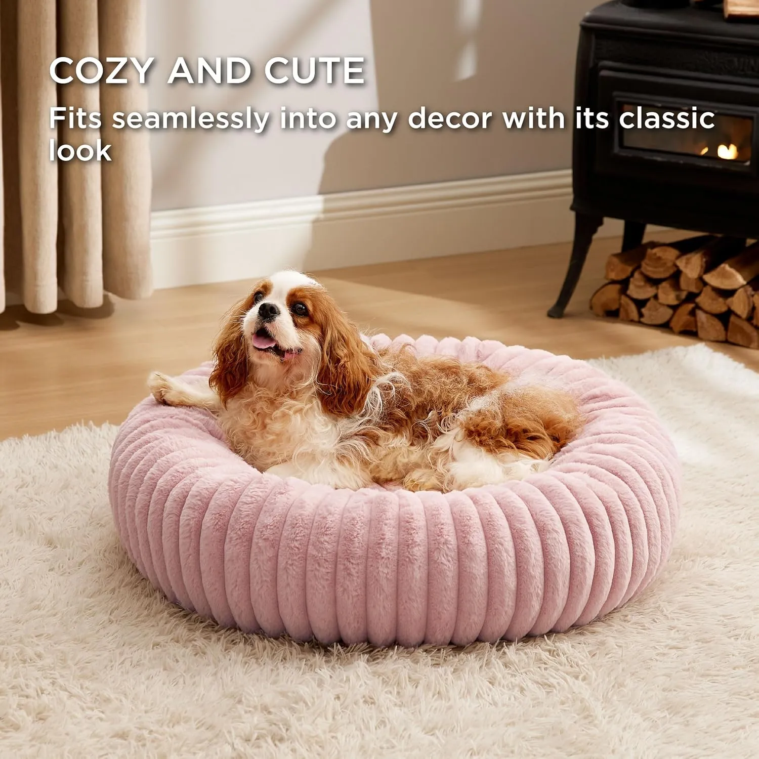Bedsure Donut Medium Dog Bed - Washable Faux Fur with Corduroy Fleece & Anti Slip Bottom, Round Pet Bed with Removable Cover, Blush Pink, 30x30x8 inches