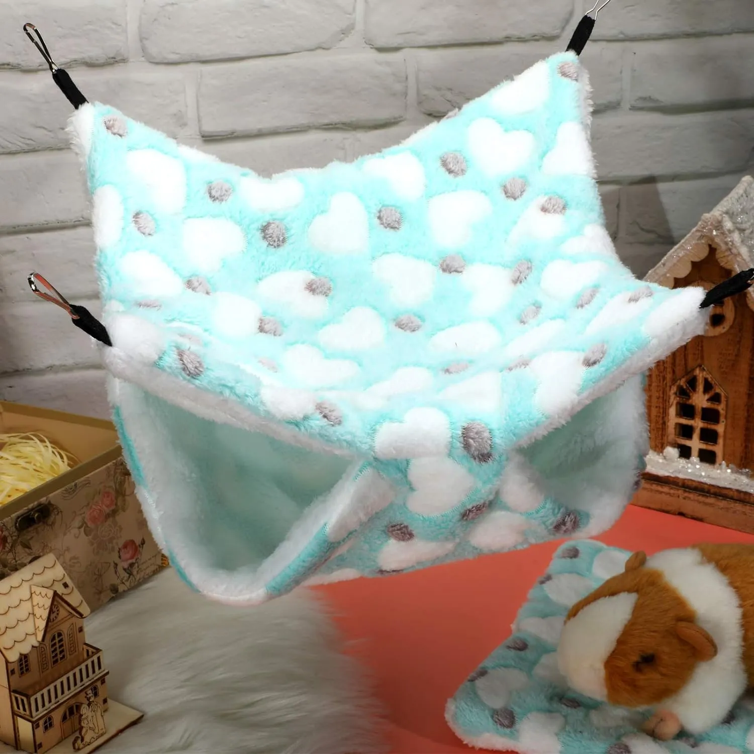 Boao 2 Pcs Guinea Pig Rat Hammock Guinea Pig Hamster Ferret Hanging Hammock Accessories for Small Animals Chinchilla Parrot Sugar Glider Ferret Squirrel (Mint Green, Pink, Heart Pattern)