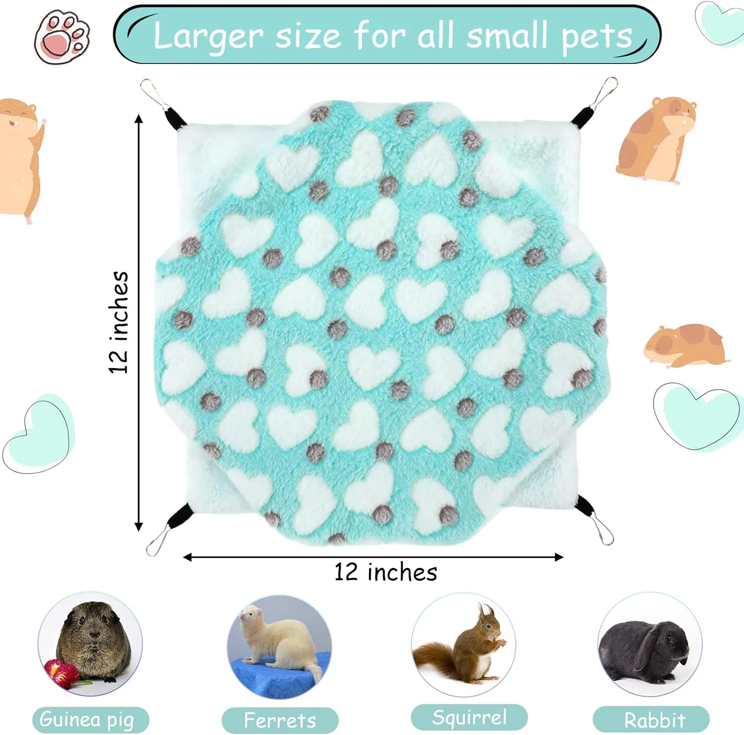 Boao 2 Pcs Guinea Pig Rat Hammock Guinea Pig Hamster Ferret Hanging Hammock Accessories for Small Animals Chinchilla Parrot Sugar Glider Ferret Squirrel (Mint Green, Pink, Heart Pattern)