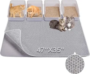 BurgeonNest Cat Litter Mat 47" x 35" Upgraded Felt & Fabric Material Cat Trapping Mat for Fewer Creases, Extra Large Hold 3-4 Litter Boxes Urine-Proof Non-Slip, Machine Washable, Soft on Paws, Grey