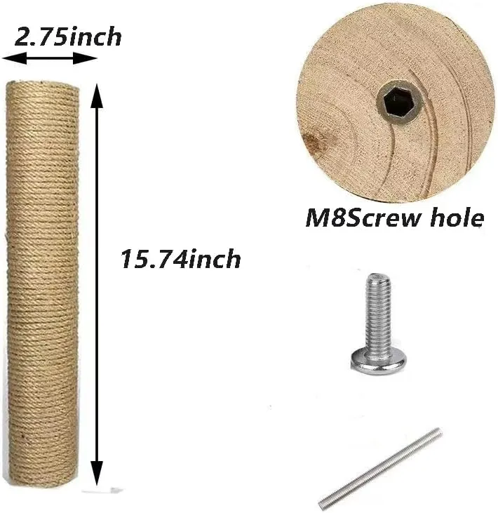 Cat Scratching Post Replacement, 2pcs 15.74 x 2.75 Inch Natural Solid Wood Sisal Pole Cat Tree Replacement Post, Refill Scratcher Posts for Indoor