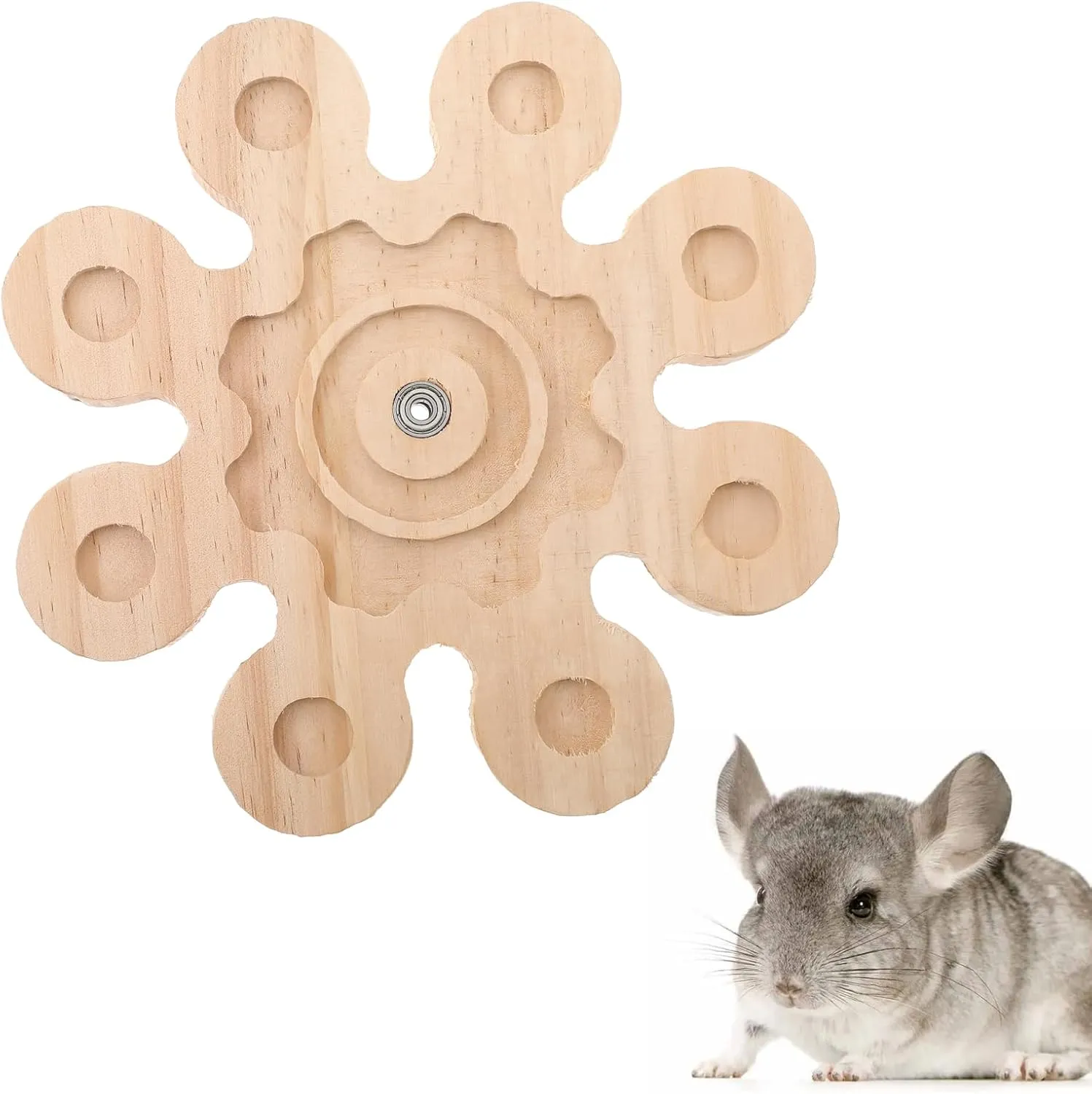 Chinchilla Chew Toys Rotating Natural Wood Interactive Enrichment Toys Hamster Grinding Wheel Supplies Hanging Exercise Spinner Cage Accessories for Teeth Playtime Snowflake- Shaped