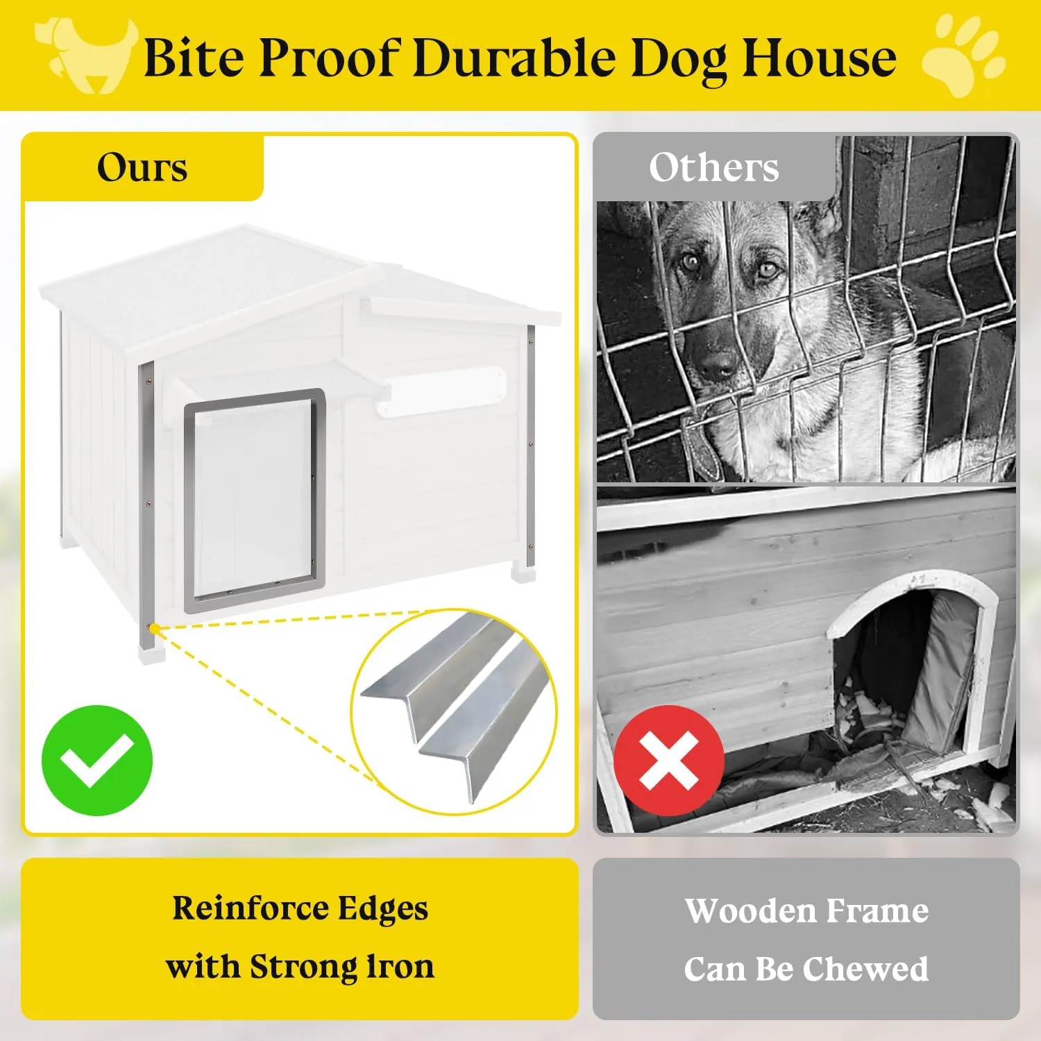 Dog House Outdoor Weatherproof Large Wooden Dog Kennel Indoor with Chew-Proof Iron Frame, Removable Floor, and Adjustable Window for Large and Medium Dogs (Grey, 43.5"D x 29.5"W x 33.5"H)