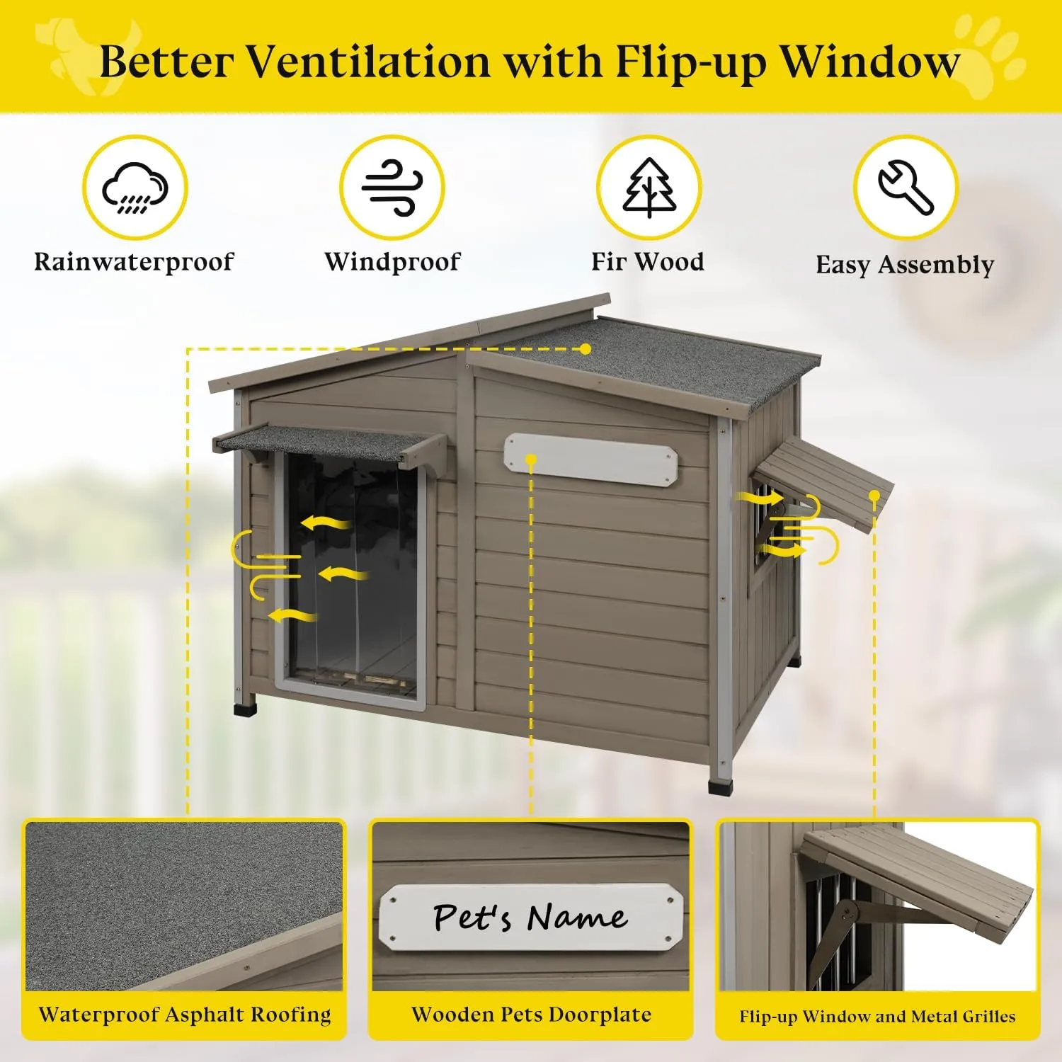 Dog House Outdoor Weatherproof Large Wooden Dog Kennel Indoor with Chew-Proof Iron Frame, Removable Floor, and Adjustable Window for Large and Medium Dogs (Grey, 43.5"D x 29.5"W x 33.5"H)