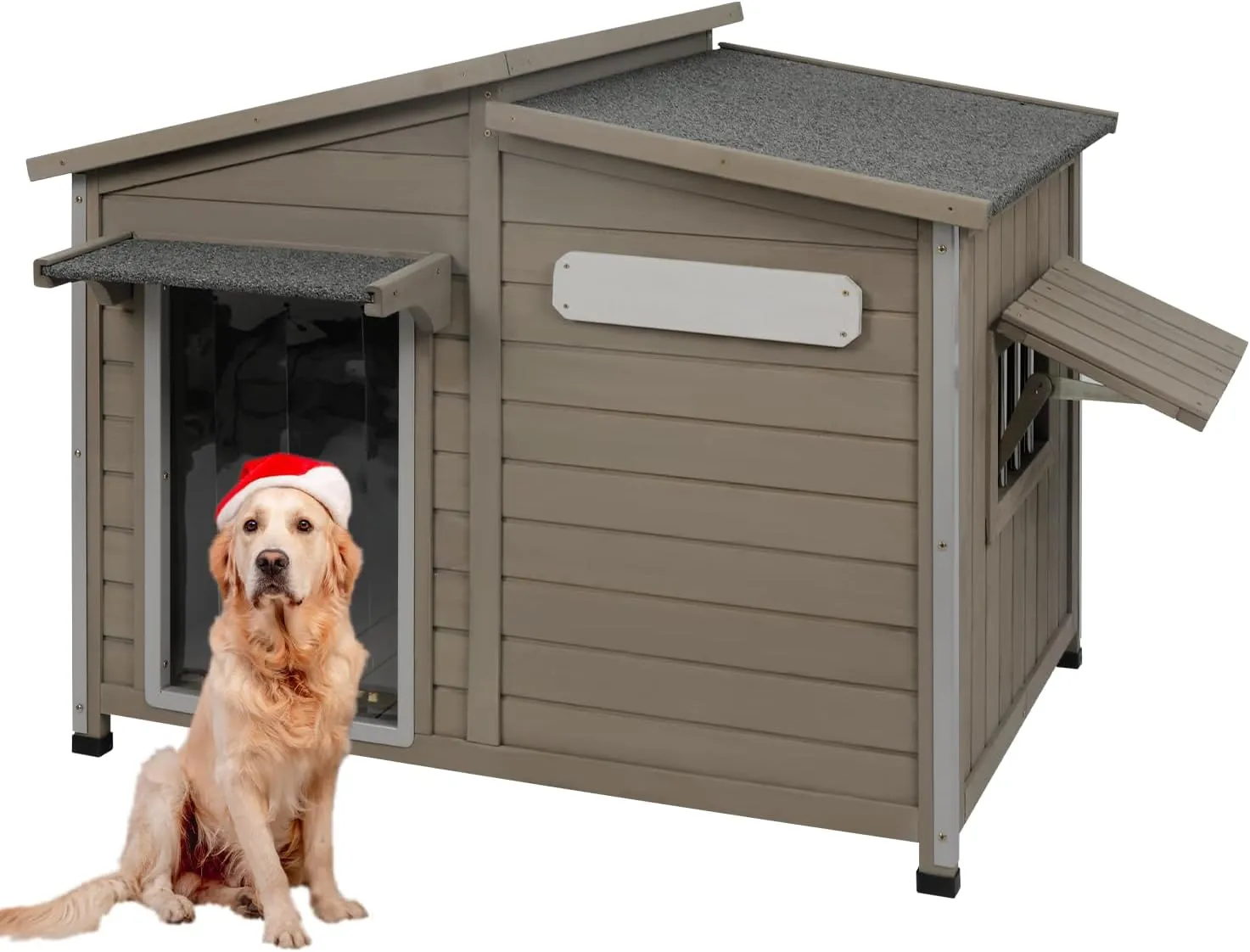 Dog House Outdoor Weatherproof Large Wooden Dog Kennel Indoor with Chew-Proof Iron Frame, Removable Floor, and Adjustable Window for Large and Medium Dogs (Grey, 43.5"D x 29.5"W x 33.5"H)