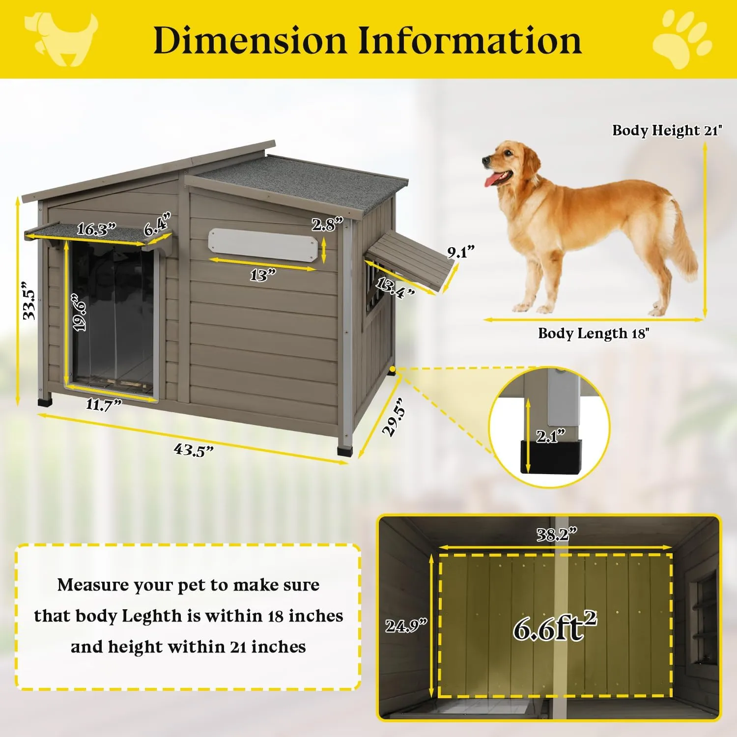 Dog House Outdoor Weatherproof Large Wooden Dog Kennel Indoor with Chew-Proof Iron Frame, Removable Floor, and Adjustable Window for Large and Medium Dogs (Grey, 43.5"D x 29.5"W x 33.5"H)