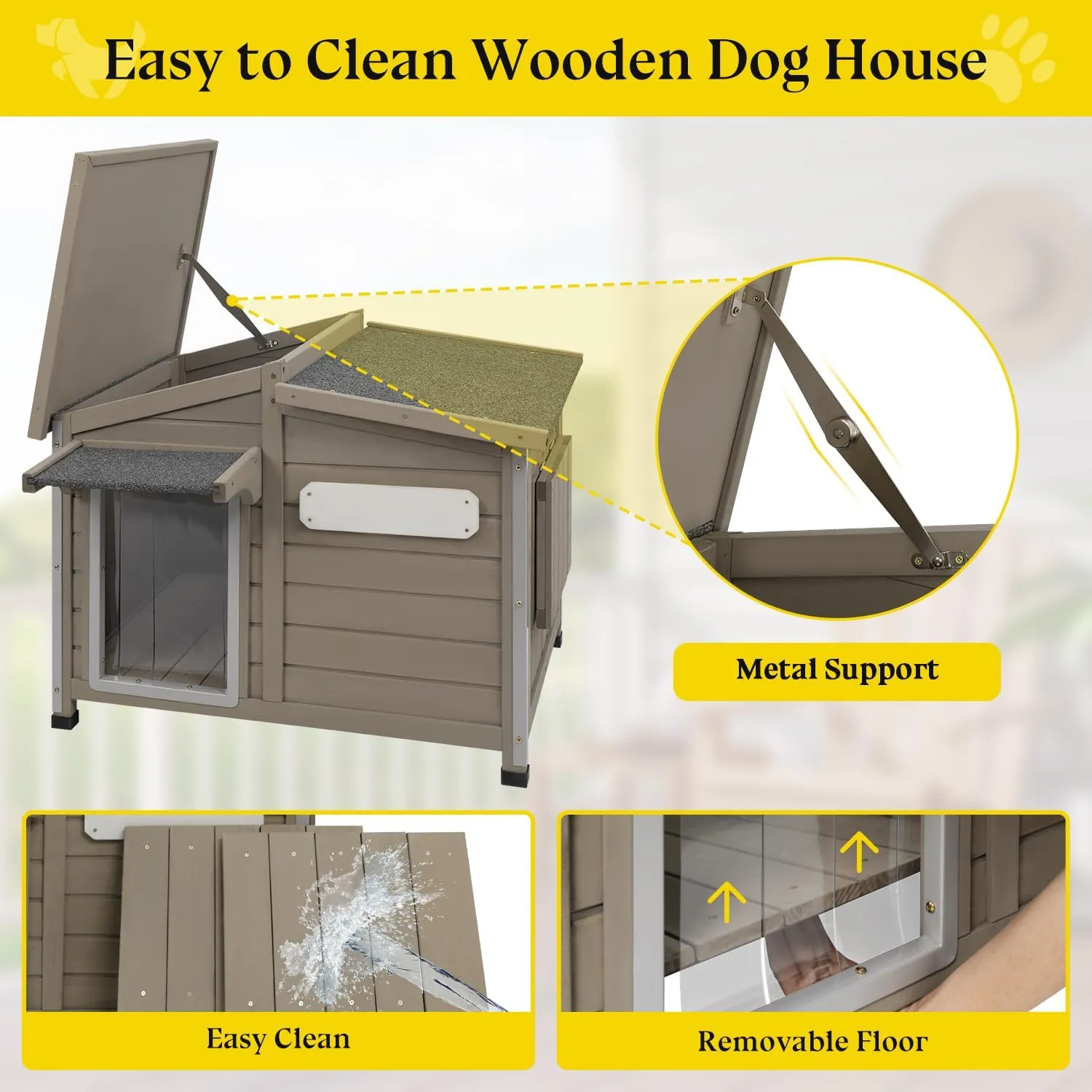 Dog House Outdoor Weatherproof Large Wooden Dog Kennel Indoor with Chew-Proof Iron Frame, Removable Floor, and Adjustable Window for Large and Medium Dogs (Grey, 43.5"D x 29.5"W x 33.5"H)