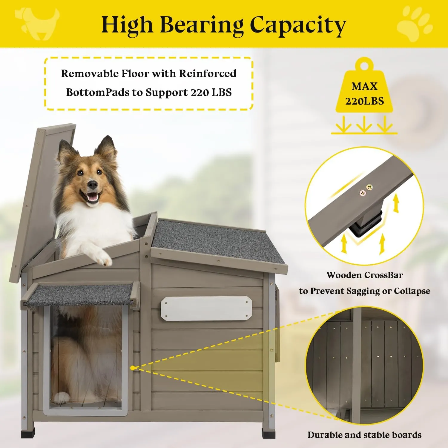 Dog House Outdoor Weatherproof Large Wooden Dog Kennel Indoor with Chew-Proof Iron Frame, Removable Floor, and Adjustable Window for Large and Medium Dogs (Grey, 43.5"D x 29.5"W x 33.5"H)
