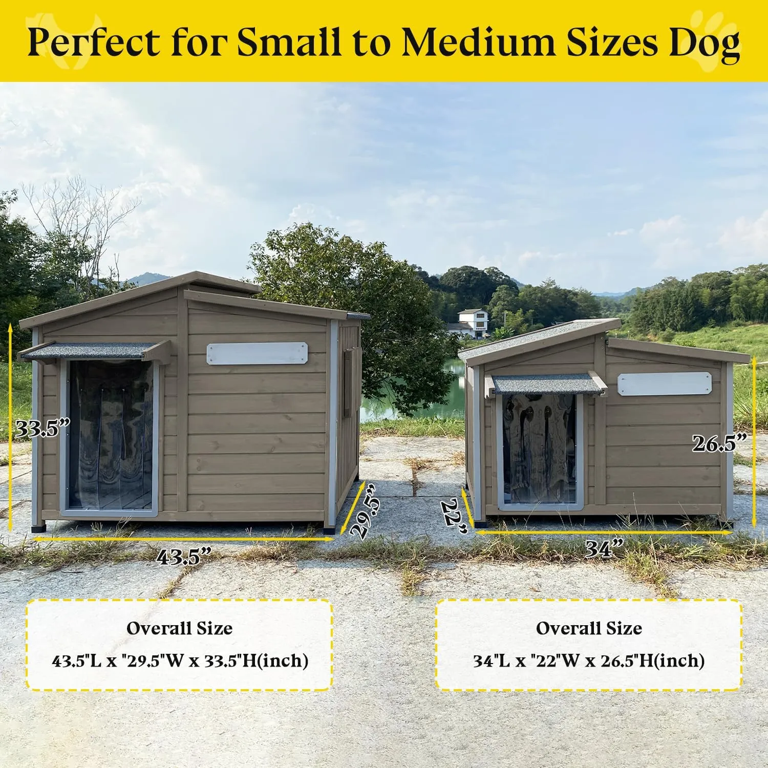 Dog House Outdoor Weatherproof Large Wooden Dog Kennel Indoor with Chew-Proof Iron Frame, Removable Floor, and Adjustable Window for Large and Medium Dogs (Grey, 43.5"D x 29.5"W x 33.5"H)