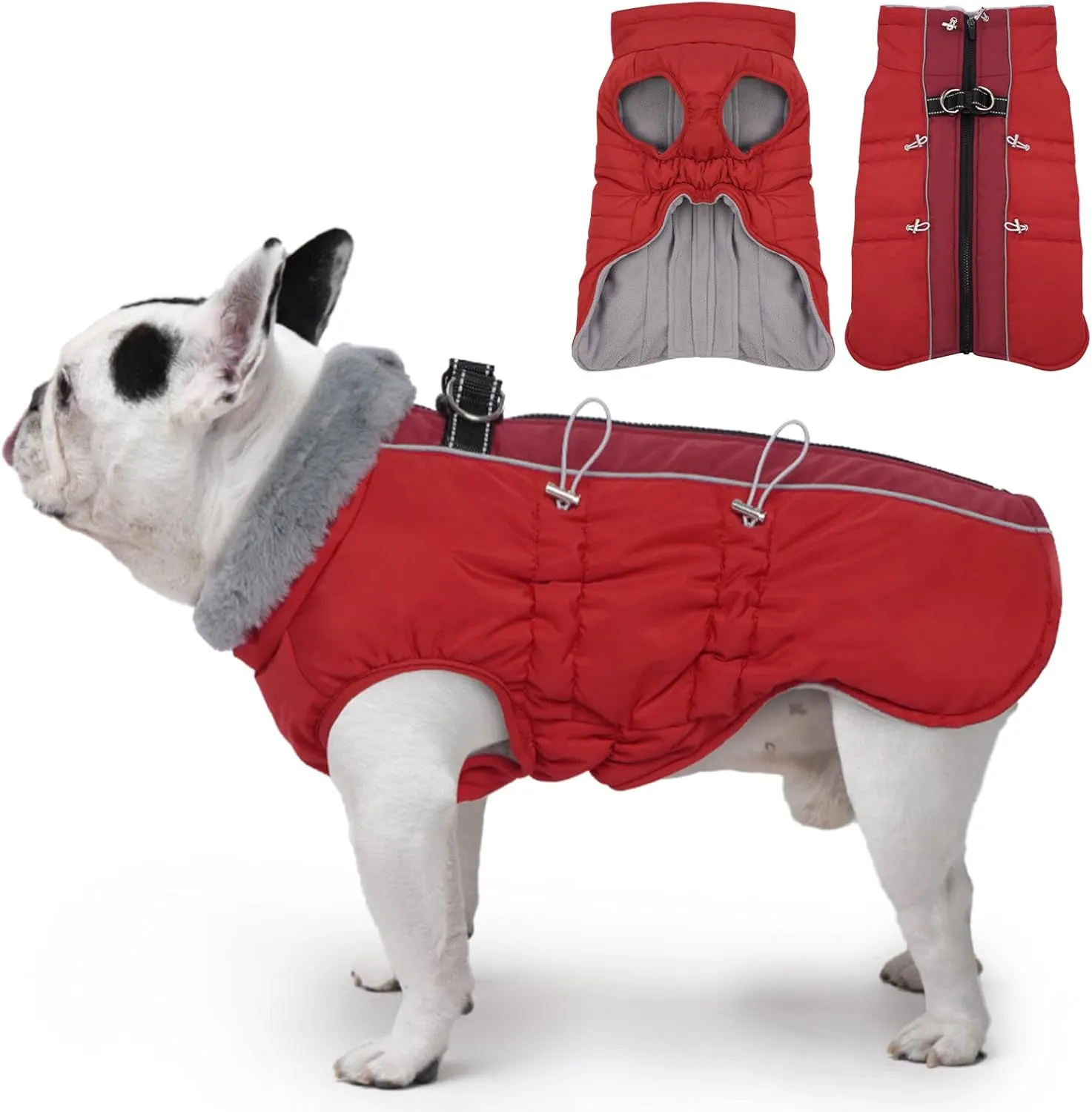Dog Winter Jacket - Large, Warm Zip Up Snowsuit Dog Harness Vest, Reflective, Water-Resistant, Red