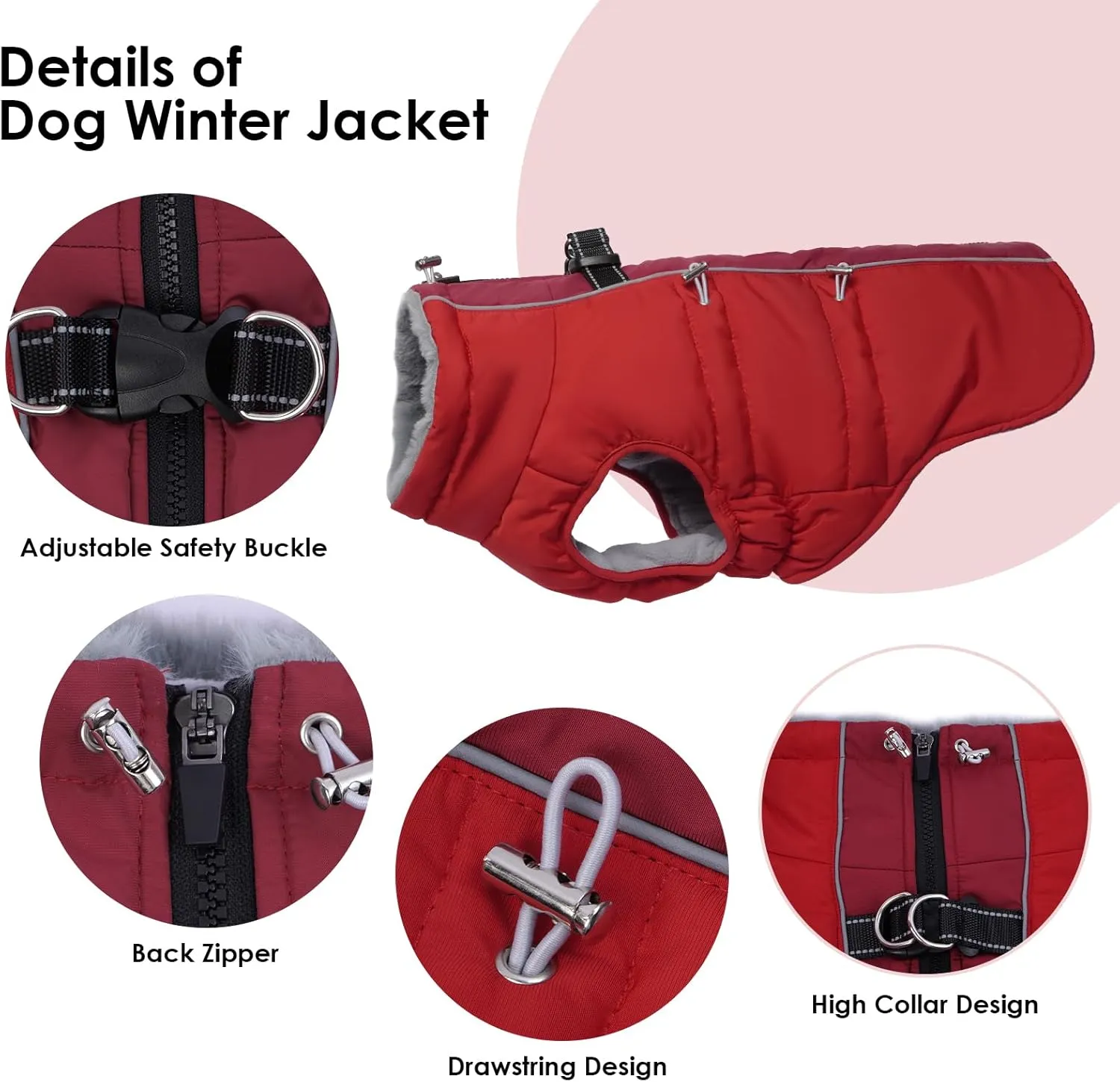 Dog Winter Jacket - Large, Warm Zip Up Snowsuit Dog Harness Vest, Reflective, Water-Resistant, Red