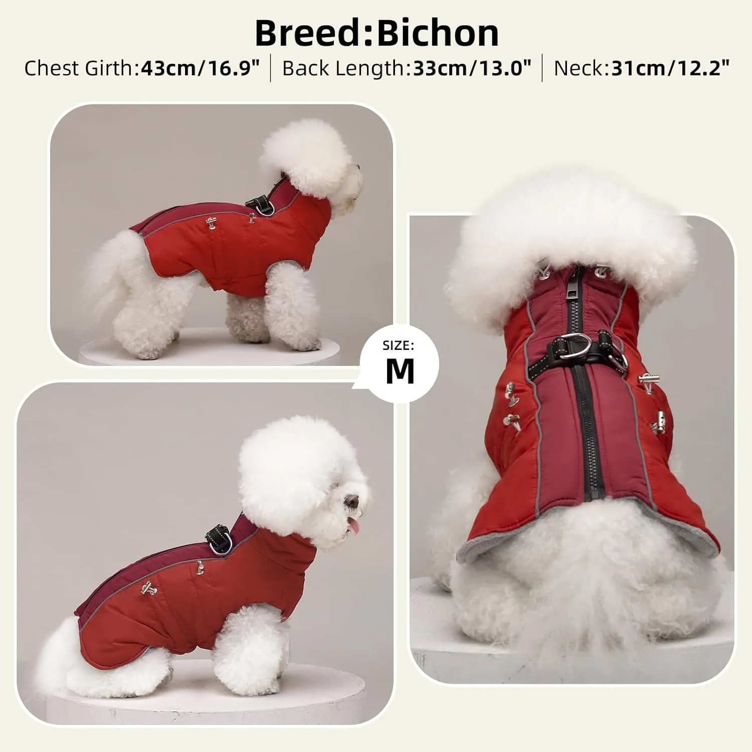 Dog Winter Jacket - Large, Warm Zip Up Snowsuit Dog Harness Vest, Reflective, Water-Resistant, Red
