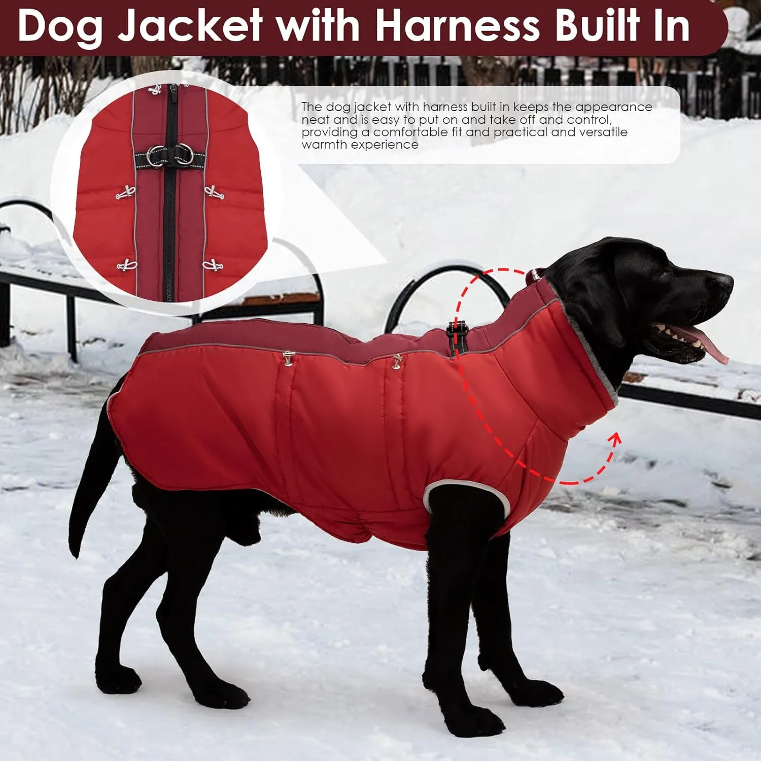 Dog Winter Jacket - Large, Warm Zip Up Snowsuit Dog Harness Vest, Reflective, Water-Resistant, Red