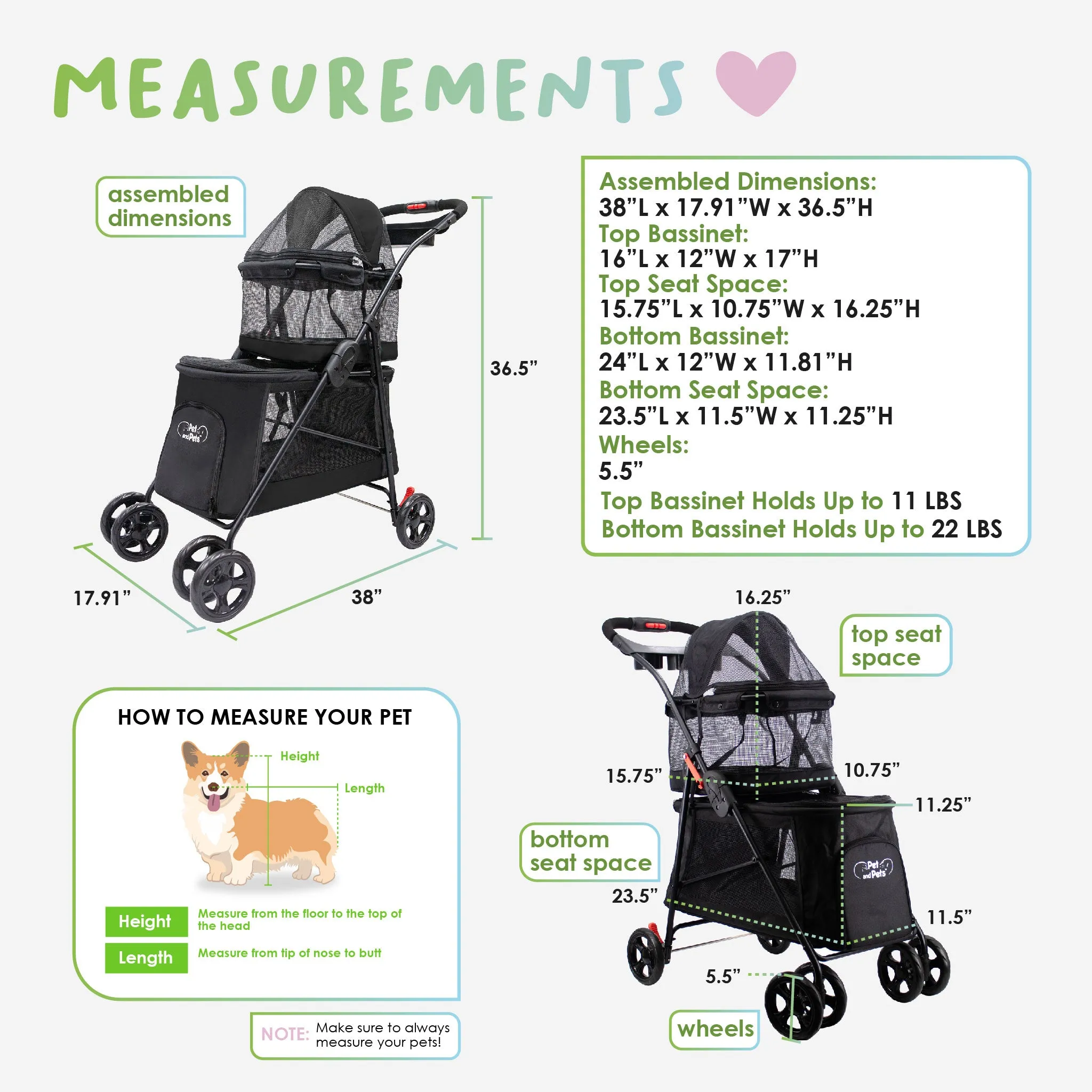 Double Decker Pet Stroller - BLACK: Dual Bassinets for Multiple Pets, Removable Pee Pads, Adjustable Leashes, Mesh Windows, Swivel Wheel, One-Hand Fold, Lightweight, for Small/Medium Dogs/Cats/Pets