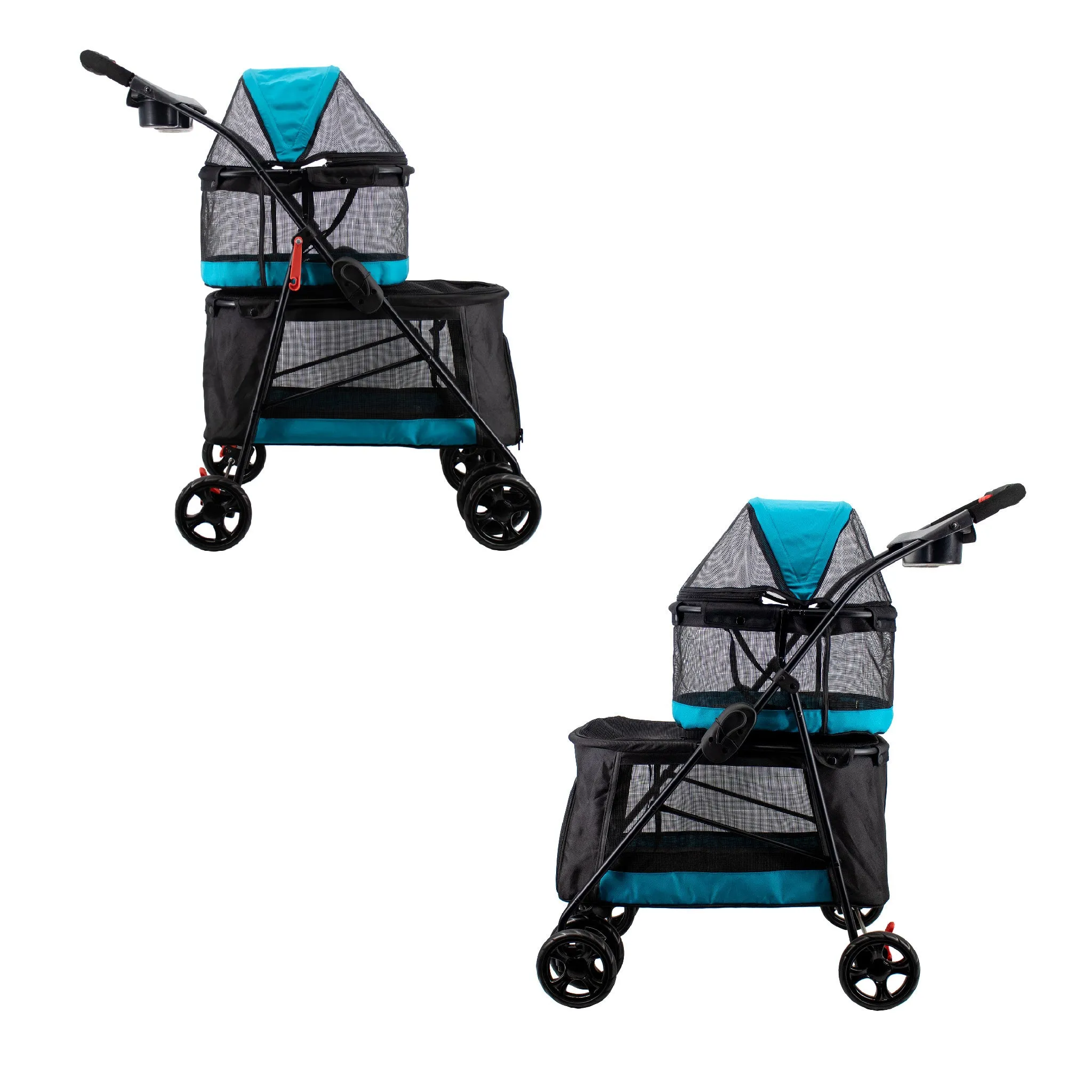 Double Decker Pet Stroller - BLACK: Dual Bassinets for Multiple Pets, Removable Pee Pads, Adjustable Leashes, Mesh Windows, Swivel Wheel, One-Hand Fold, Lightweight, for Small/Medium Dogs/Cats/Pets
