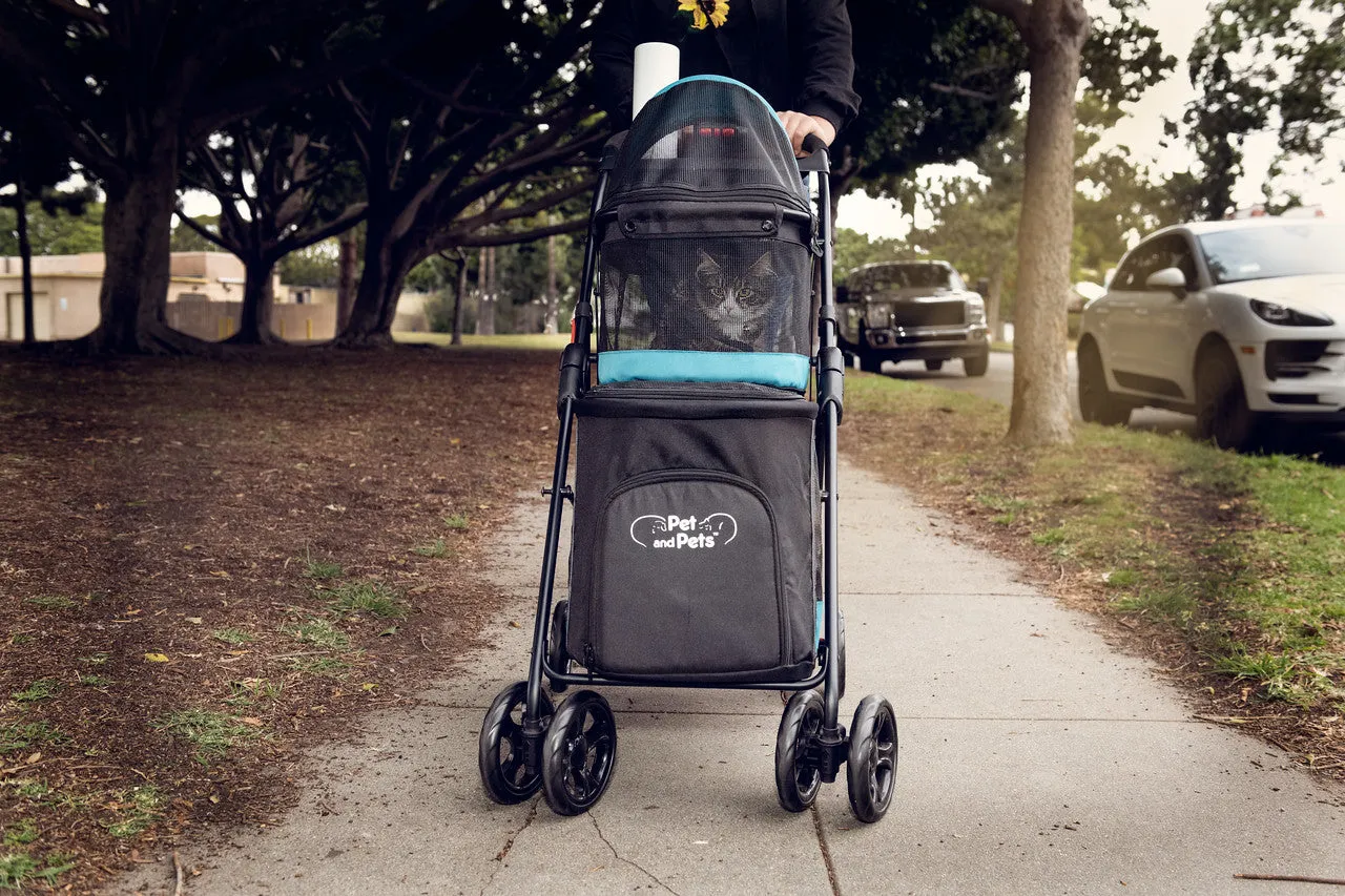 Double Decker Pet Stroller - BLACK: Dual Bassinets for Multiple Pets, Removable Pee Pads, Adjustable Leashes, Mesh Windows, Swivel Wheel, One-Hand Fold, Lightweight, for Small/Medium Dogs/Cats/Pets