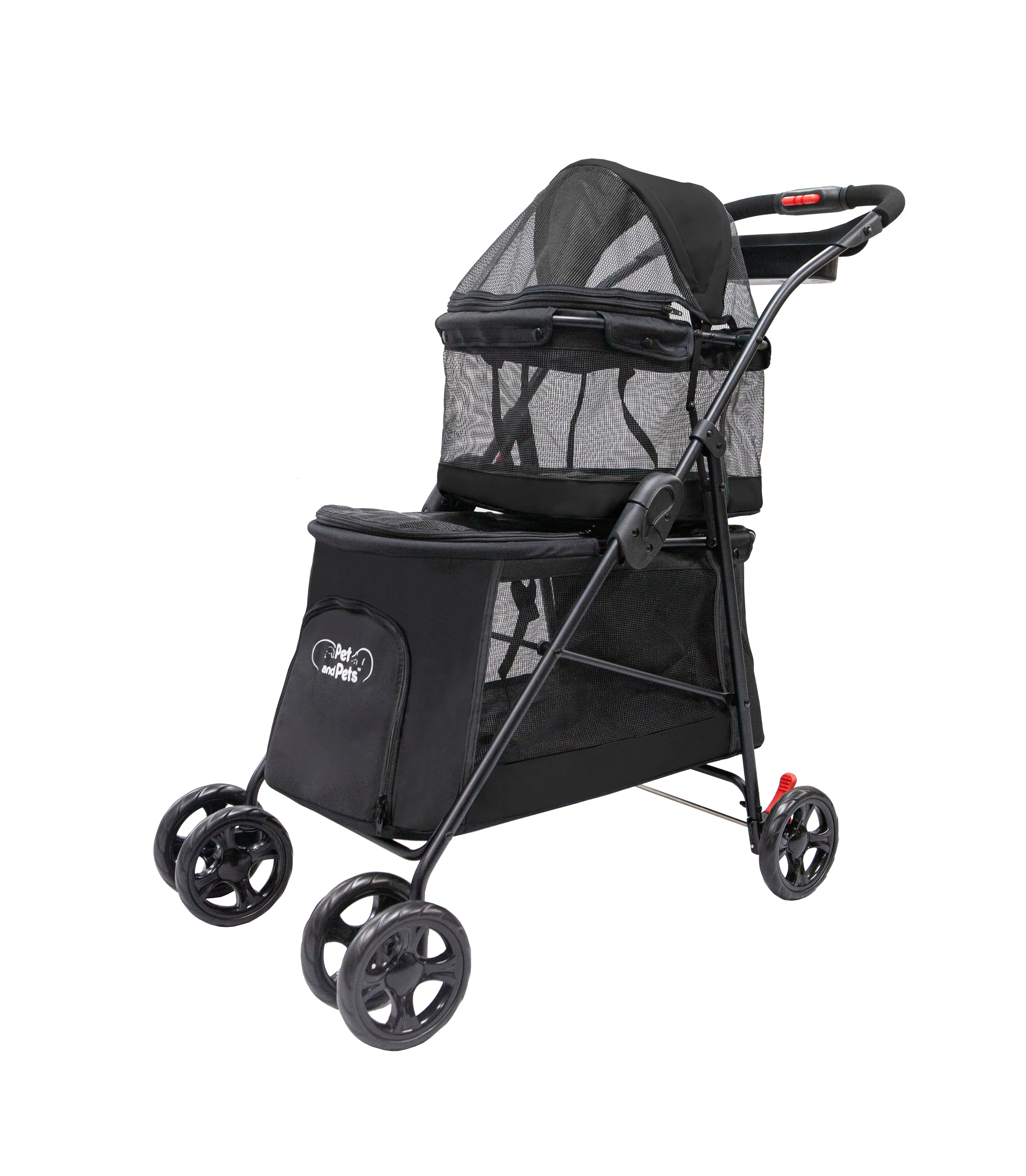 Double Decker Pet Stroller - BLACK: Dual Bassinets for Multiple Pets, Removable Pee Pads, Adjustable Leashes, Mesh Windows, Swivel Wheel, One-Hand Fold, Lightweight, for Small/Medium Dogs/Cats/Pets