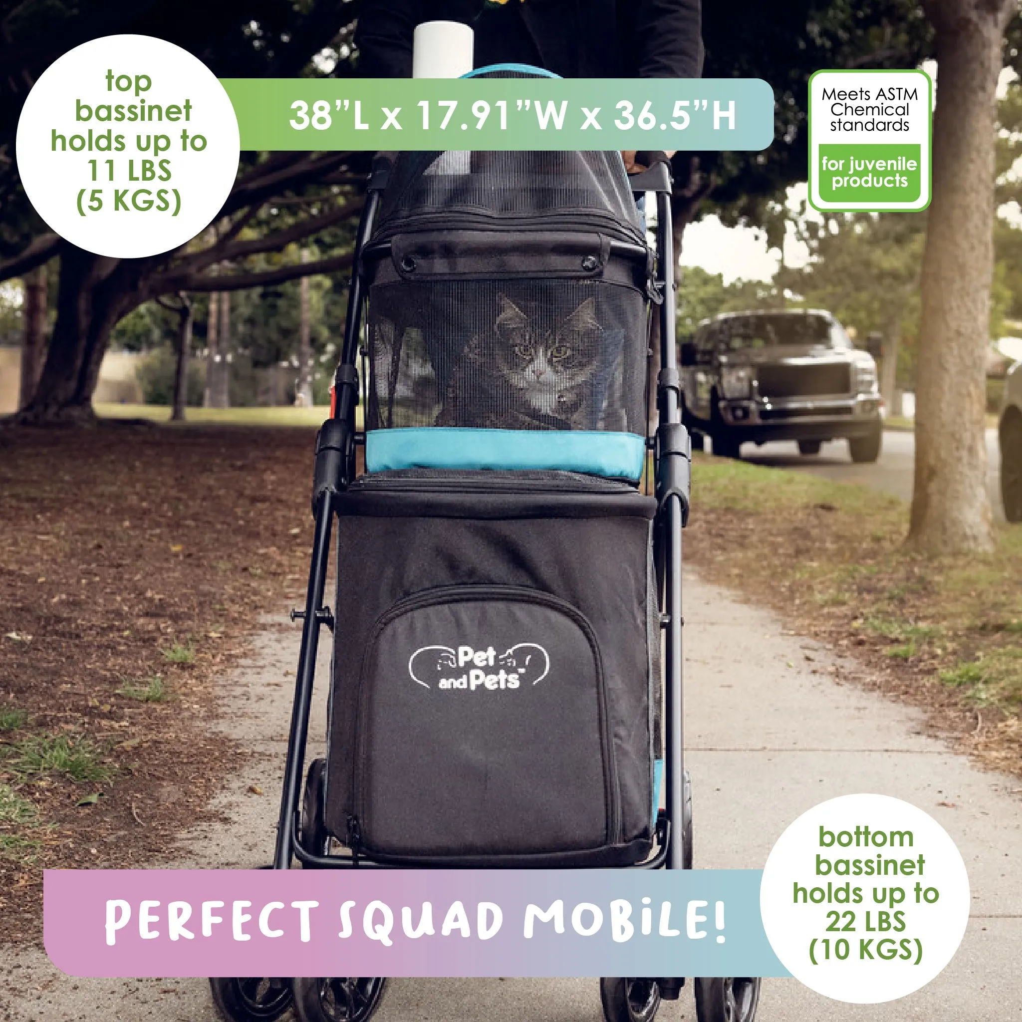 Double Decker Pet Stroller - BLACK: Dual Bassinets for Multiple Pets, Removable Pee Pads, Adjustable Leashes, Mesh Windows, Swivel Wheel, One-Hand Fold, Lightweight, for Small/Medium Dogs/Cats/Pets