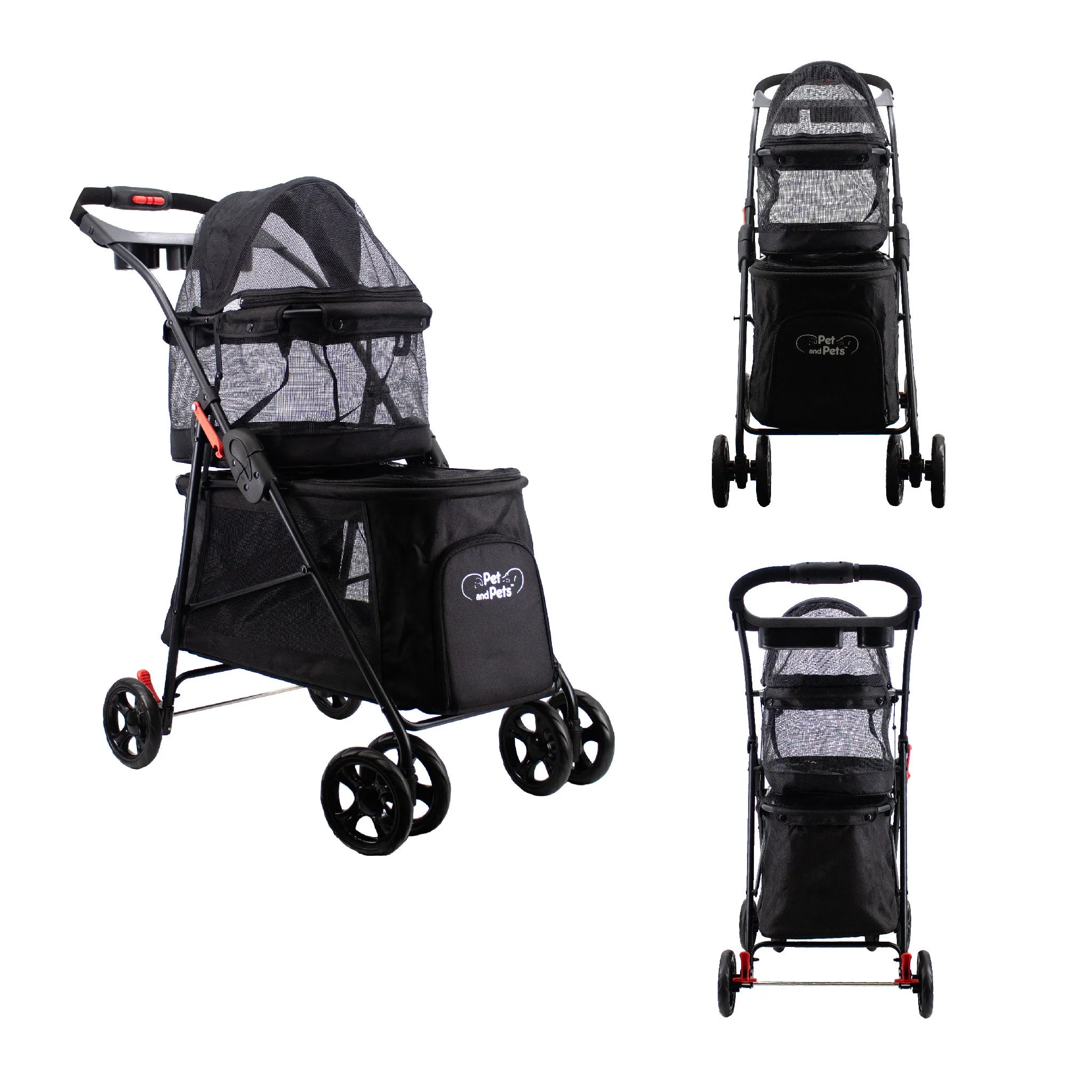 Double Decker Pet Stroller - BLACK: Dual Bassinets for Multiple Pets, Removable Pee Pads, Adjustable Leashes, Mesh Windows, Swivel Wheel, One-Hand Fold, Lightweight, for Small/Medium Dogs/Cats/Pets