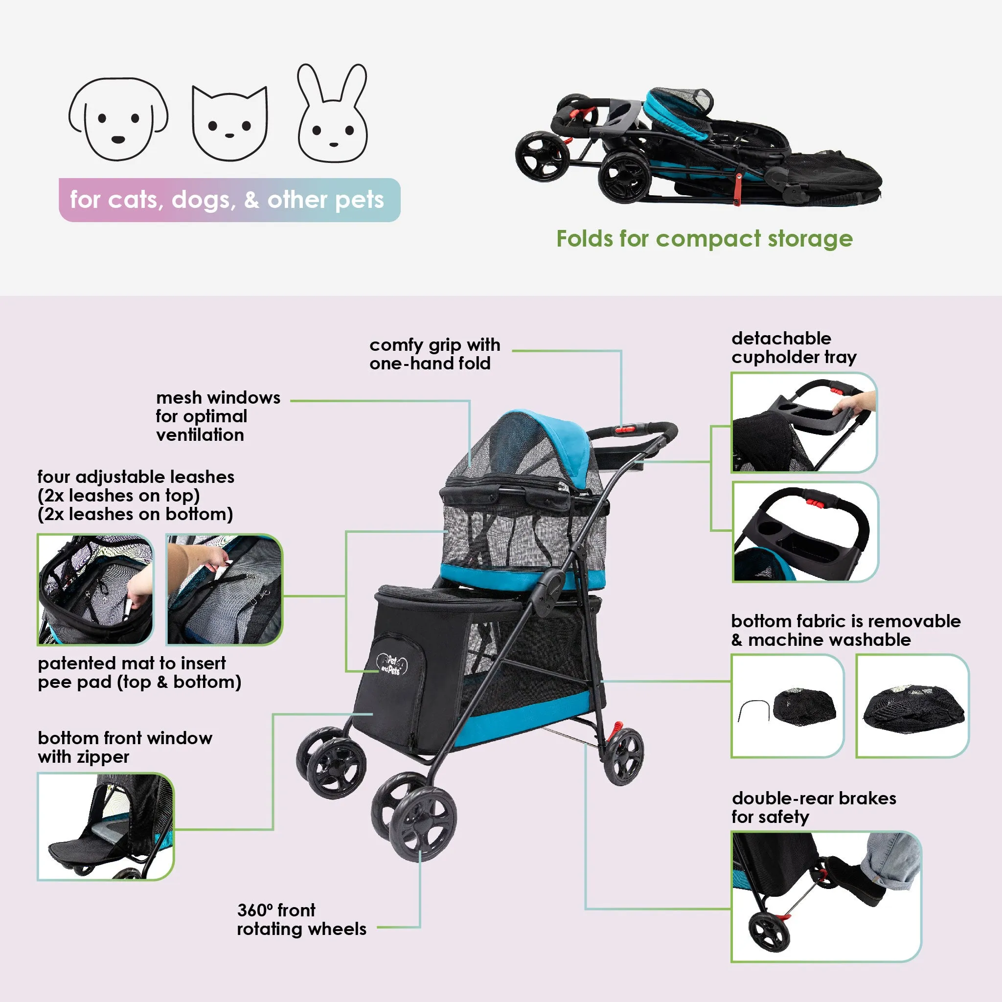 Double Decker Pet Stroller - BLACK: Dual Bassinets for Multiple Pets, Removable Pee Pads, Adjustable Leashes, Mesh Windows, Swivel Wheel, One-Hand Fold, Lightweight, for Small/Medium Dogs/Cats/Pets