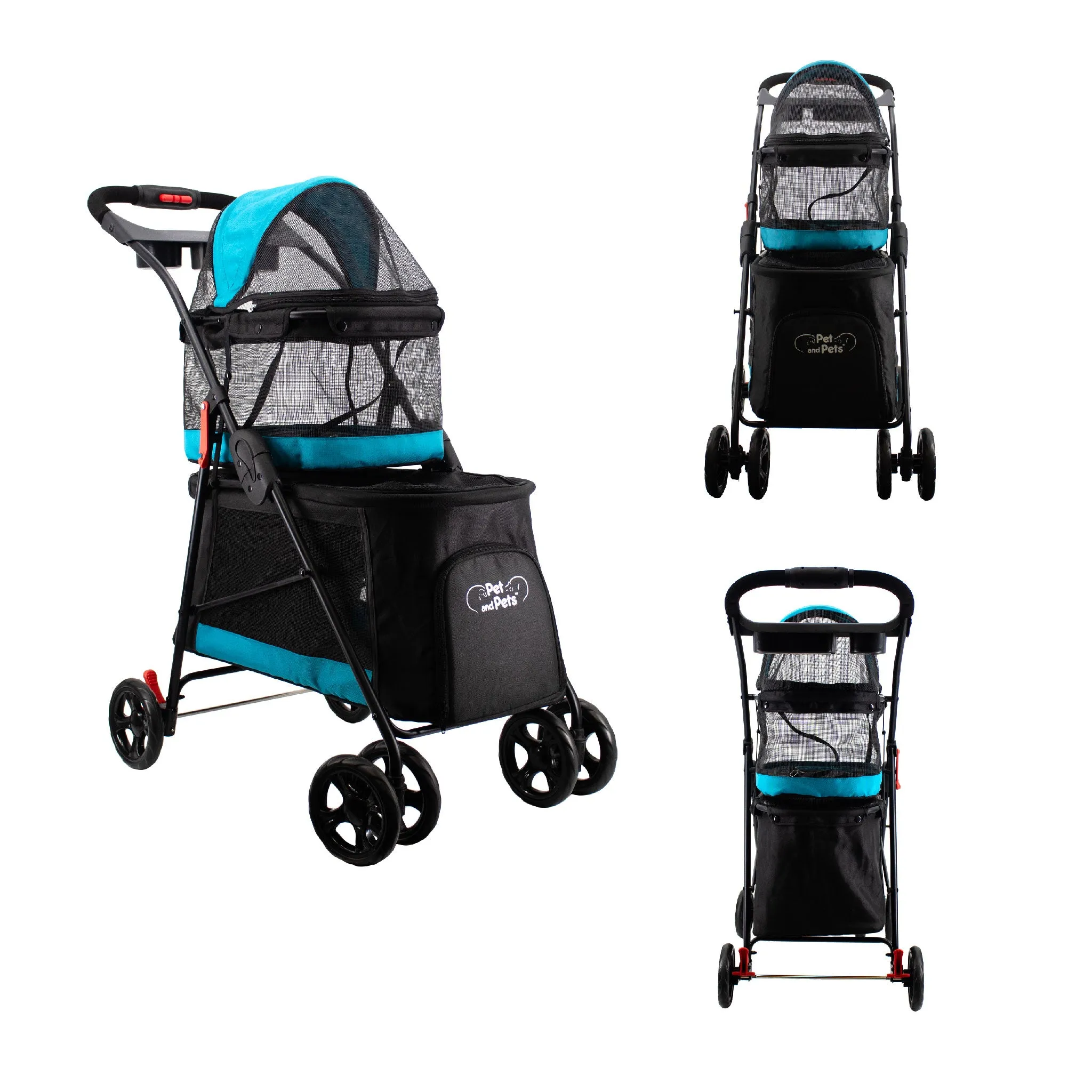 Double Decker Pet Stroller - BLACK: Dual Bassinets for Multiple Pets, Removable Pee Pads, Adjustable Leashes, Mesh Windows, Swivel Wheel, One-Hand Fold, Lightweight, for Small/Medium Dogs/Cats/Pets