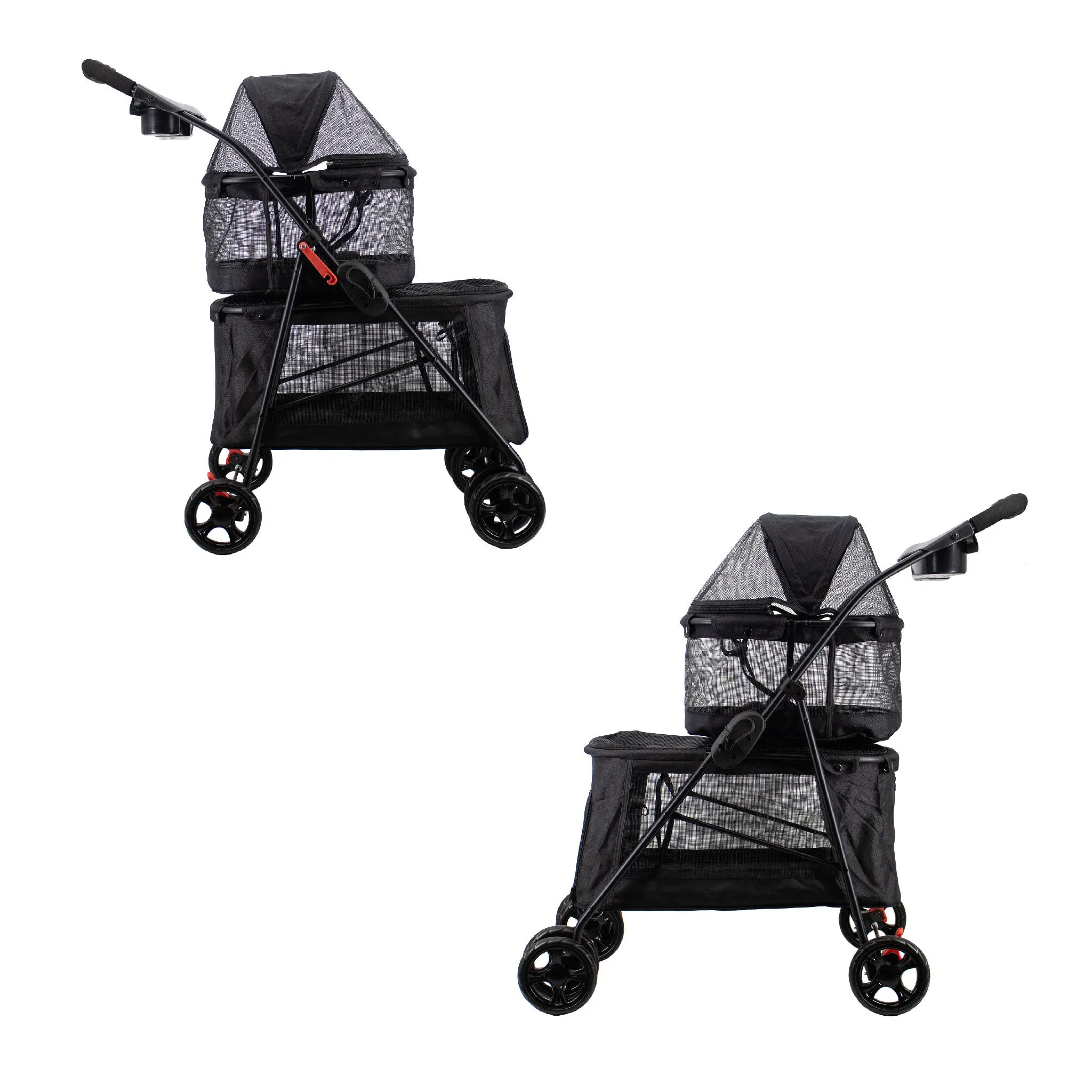 Double Decker Pet Stroller - BLACK: Dual Bassinets for Multiple Pets, Removable Pee Pads, Adjustable Leashes, Mesh Windows, Swivel Wheel, One-Hand Fold, Lightweight, for Small/Medium Dogs/Cats/Pets