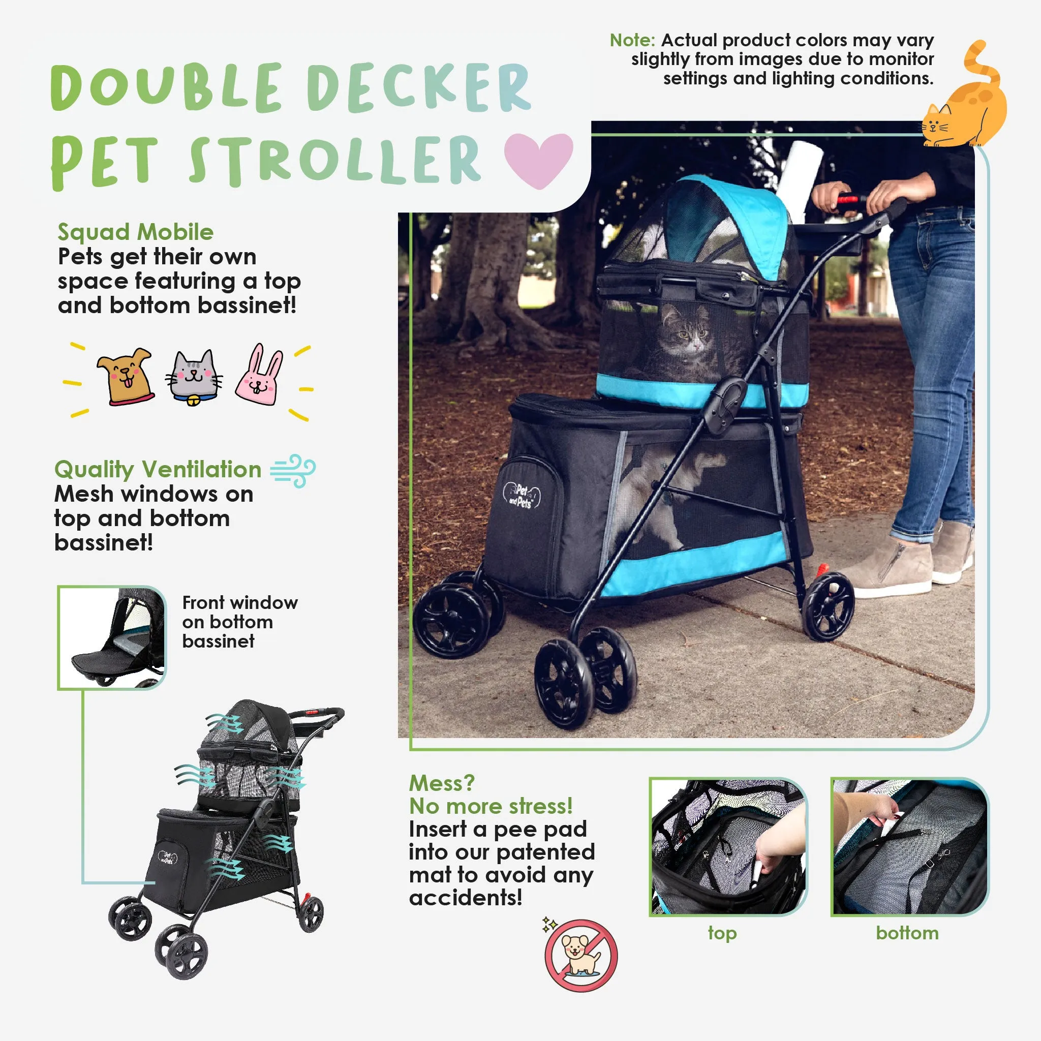 Double Decker Pet Stroller - BLACK: Dual Bassinets for Multiple Pets, Removable Pee Pads, Adjustable Leashes, Mesh Windows, Swivel Wheel, One-Hand Fold, Lightweight, for Small/Medium Dogs/Cats/Pets