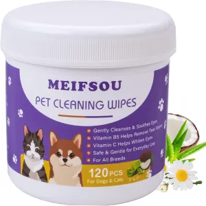 Eyes Wipes for Dogs & Cats - Gently Remove Tear Stain, Eye Debris, Discharge, Mucus Secretions - Coconut Oil Pet Cleaning Grooming Deodorizing Wipes for Eyes, Wrinkle, Face - 120pcs