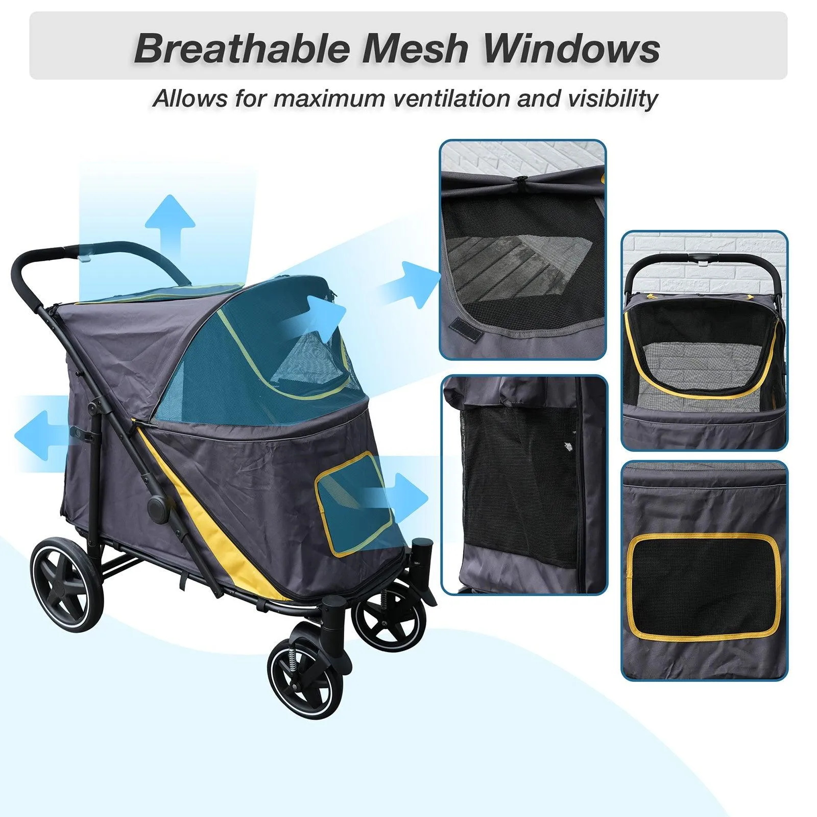 Foldable Pet Stroller Travel Carrier with Storage Pocket, Breathable Mesh, Gray and Yellow