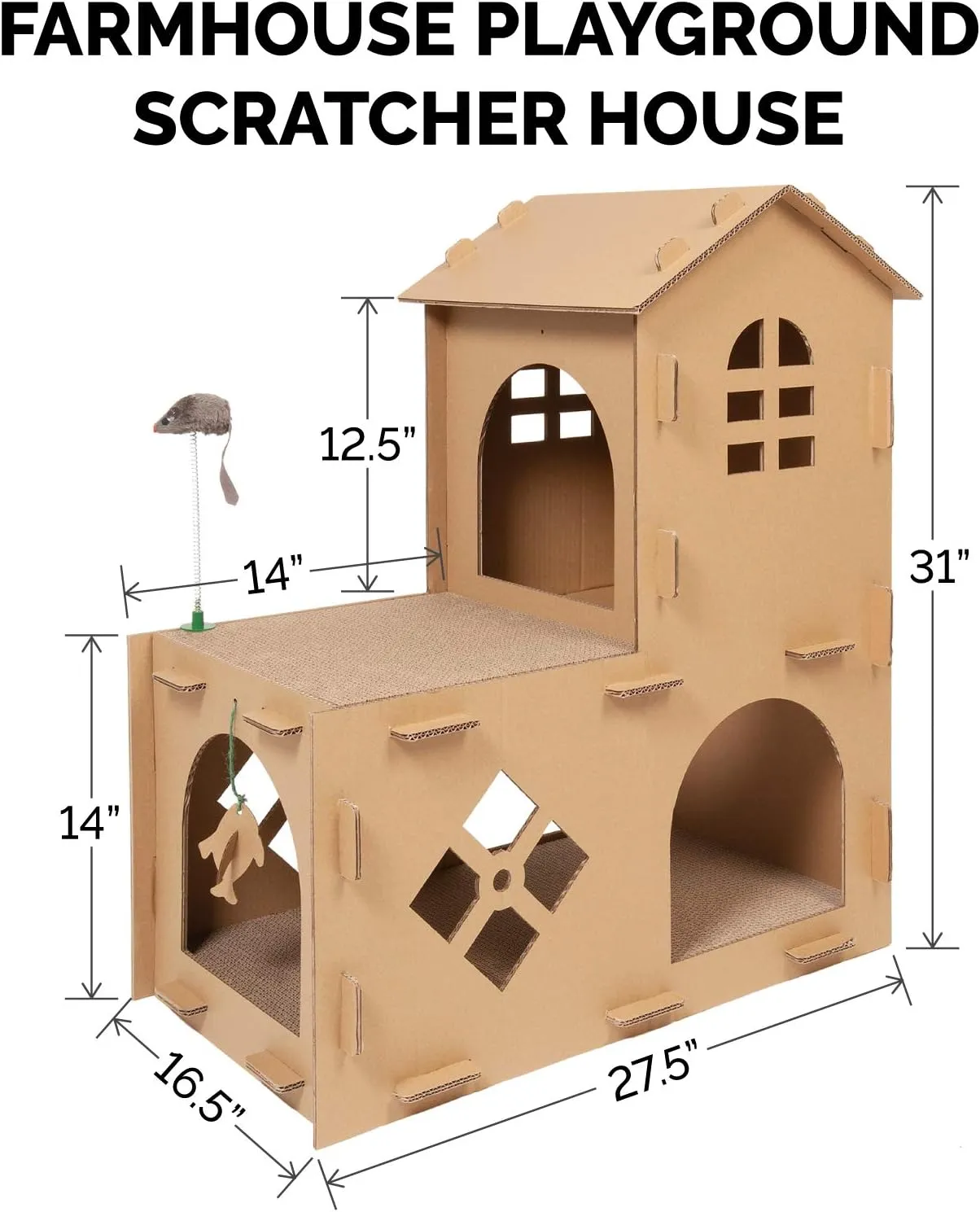 Furhaven Multi-Level Cardboard Cat House w/ Catnip for Indoor Cats, Ft. Scratching Pads & Toys - Farmhouse Corrugated Cat Scratcher Hideout - Cardboard Brown, One Size