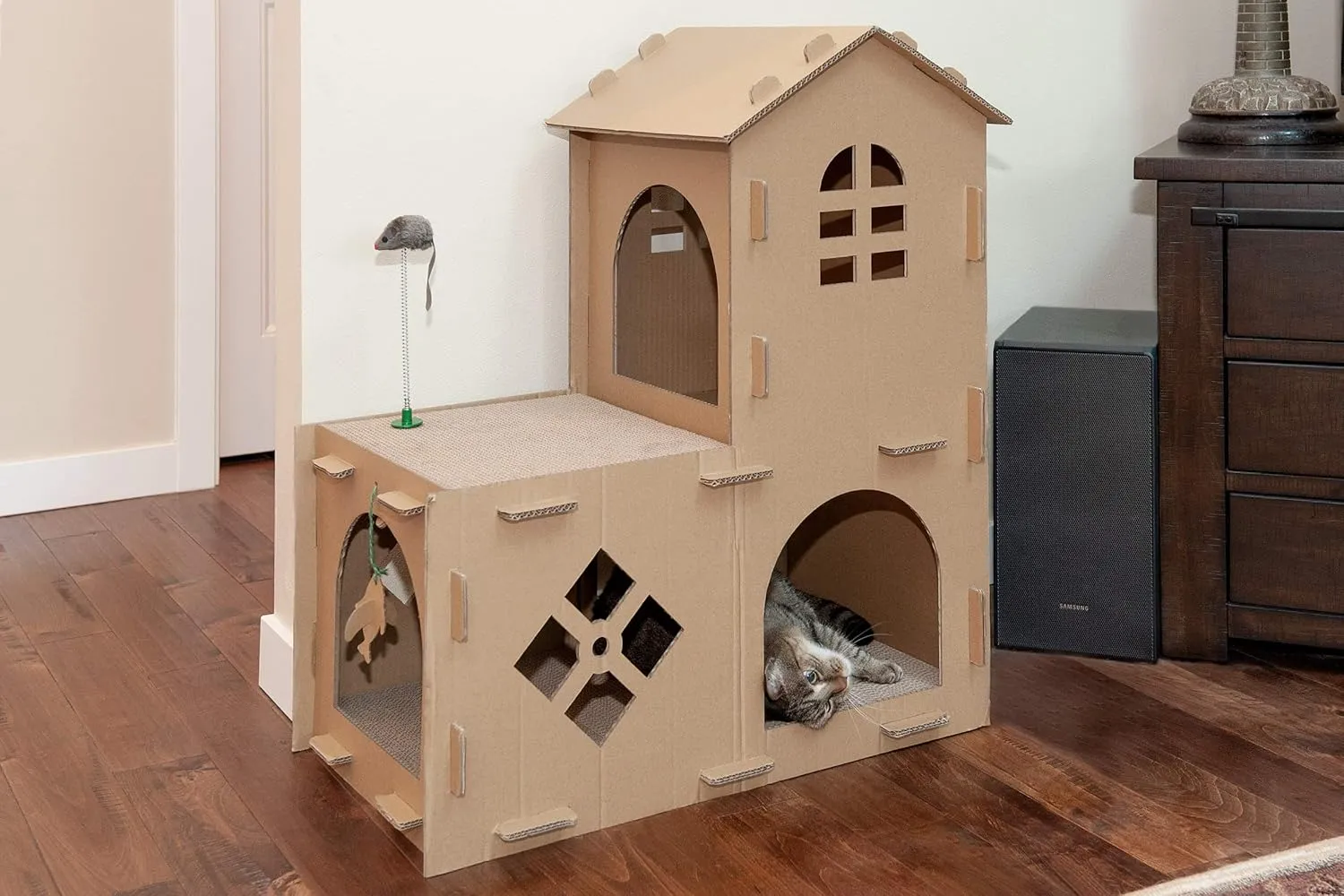 Furhaven Multi-Level Cardboard Cat House w/ Catnip for Indoor Cats, Ft. Scratching Pads & Toys - Farmhouse Corrugated Cat Scratcher Hideout - Cardboard Brown, One Size