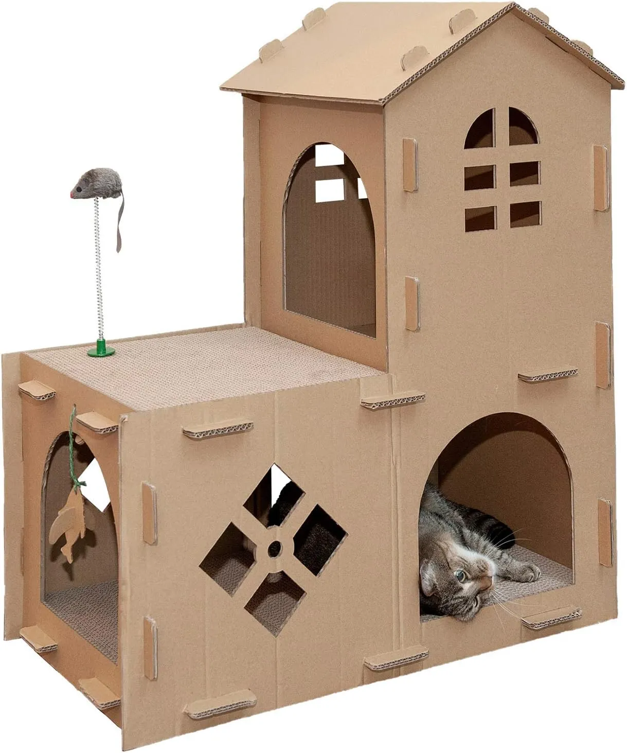 Furhaven Multi-Level Cardboard Cat House w/ Catnip for Indoor Cats, Ft. Scratching Pads & Toys - Farmhouse Corrugated Cat Scratcher Hideout - Cardboard Brown, One Size