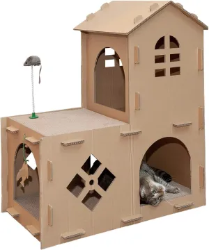 Furhaven Multi-Level Cardboard Cat House w/ Catnip for Indoor Cats, Ft. Scratching Pads & Toys - Farmhouse Corrugated Cat Scratcher Hideout - Cardboard Brown, One Size