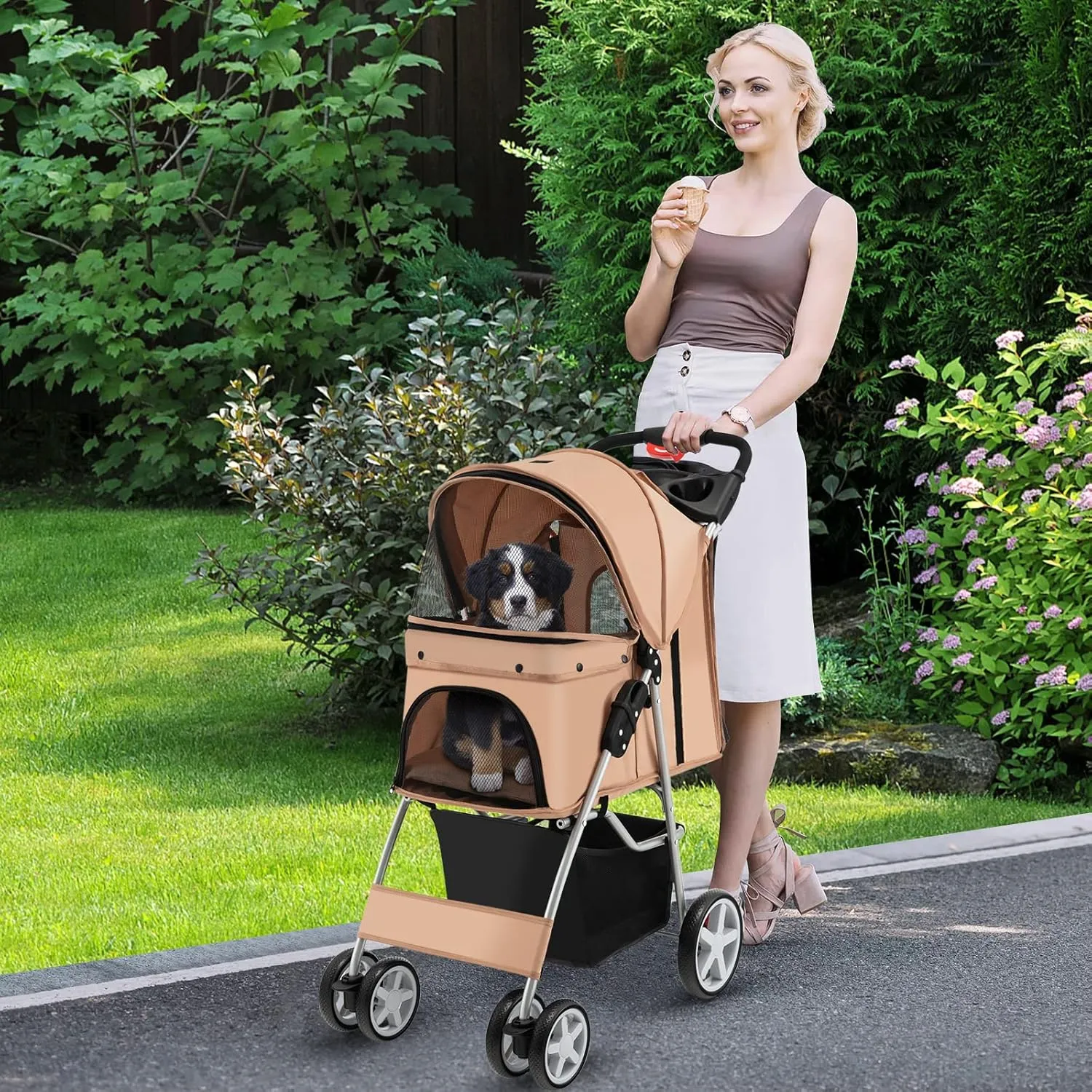 Giantex Folding Dog Stroller for Small Medium Dogs Cats Puppy, 4 Lockable Wheels Cat Stroller Pet Travel Carrier Strolling Cart, Safety Belt, Removable Liner and Storage Basket (Beige)