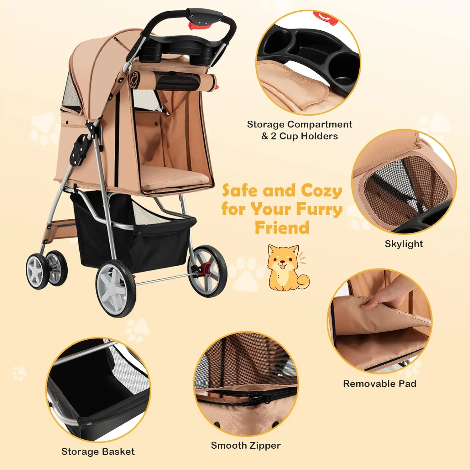 Giantex Folding Dog Stroller for Small Medium Dogs Cats Puppy, 4 Lockable Wheels Cat Stroller Pet Travel Carrier Strolling Cart, Safety Belt, Removable Liner and Storage Basket (Beige)