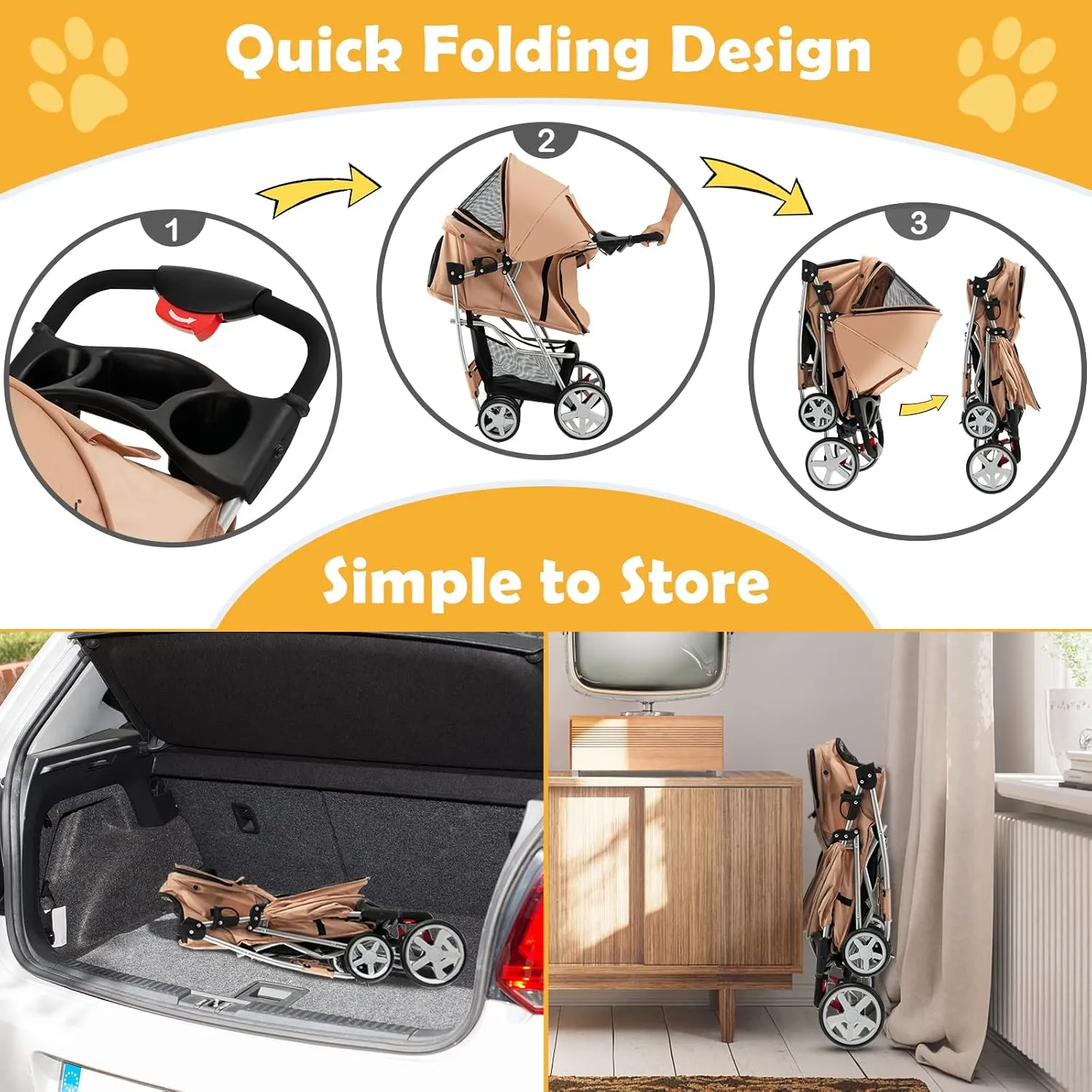 Giantex Folding Dog Stroller for Small Medium Dogs Cats Puppy, 4 Lockable Wheels Cat Stroller Pet Travel Carrier Strolling Cart, Safety Belt, Removable Liner and Storage Basket (Beige)